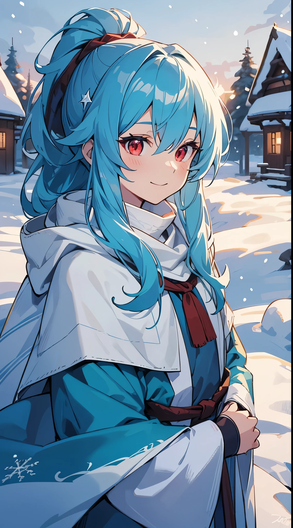 [[[ ultra-detailed, best quality, soft skin, beautiful, 4K]]] cyan hair, silky hair, red eyes, long hair, tied-up hair, medium hair, winter adventurer cloak, fit body, dynamic angle, snowy village, princess, small smile. hairpin