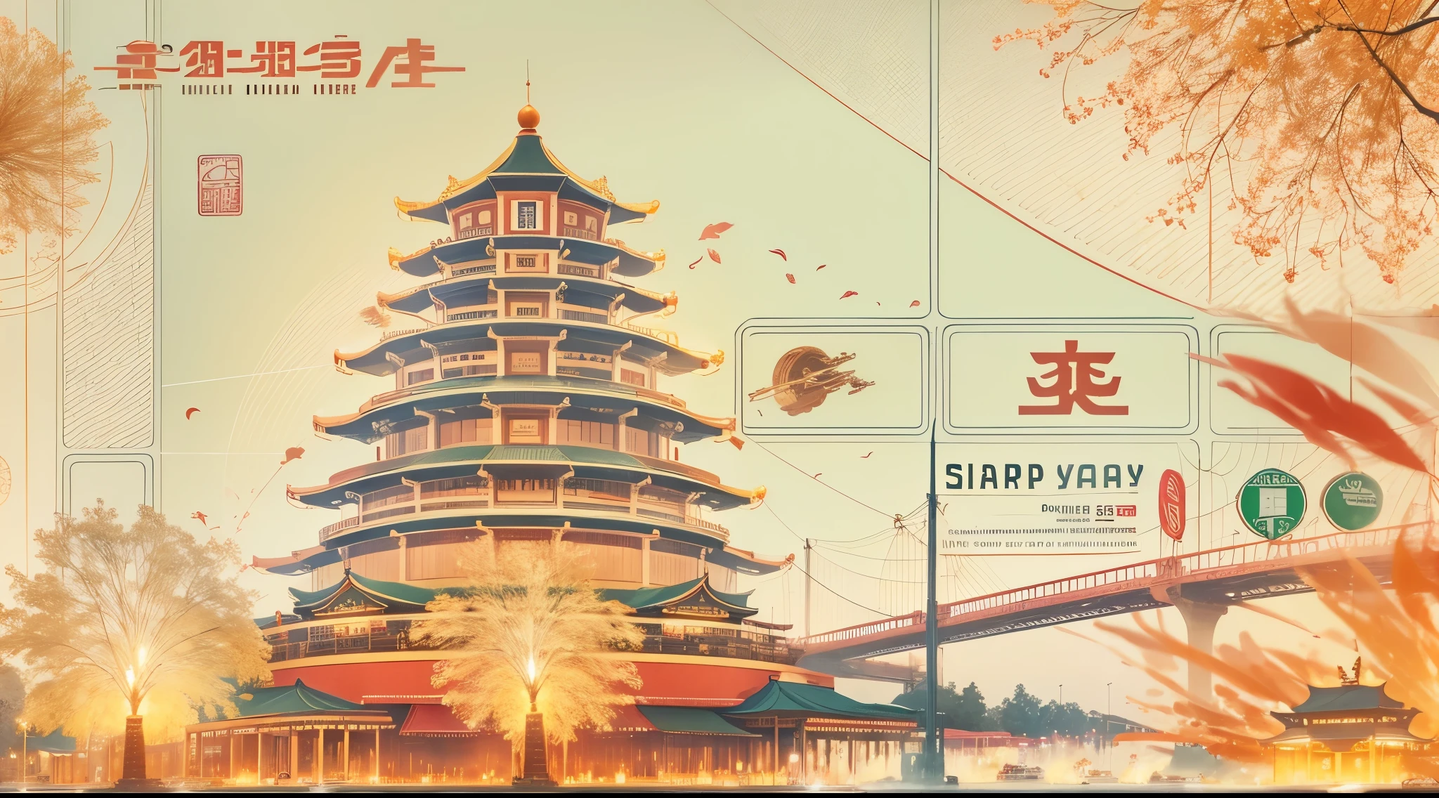 Postal postcard，There is China on the front(2024)Pictures of grand fireworks display to celebrate New Year。Typographic wireframe logo with stamp place and recipient、Name format