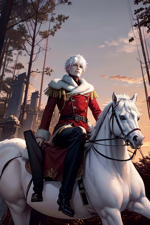 A young white haired king with red eyes is sitting on a tree branch in a scarlet blouse and black pants is riding a black horse through a creepy forest