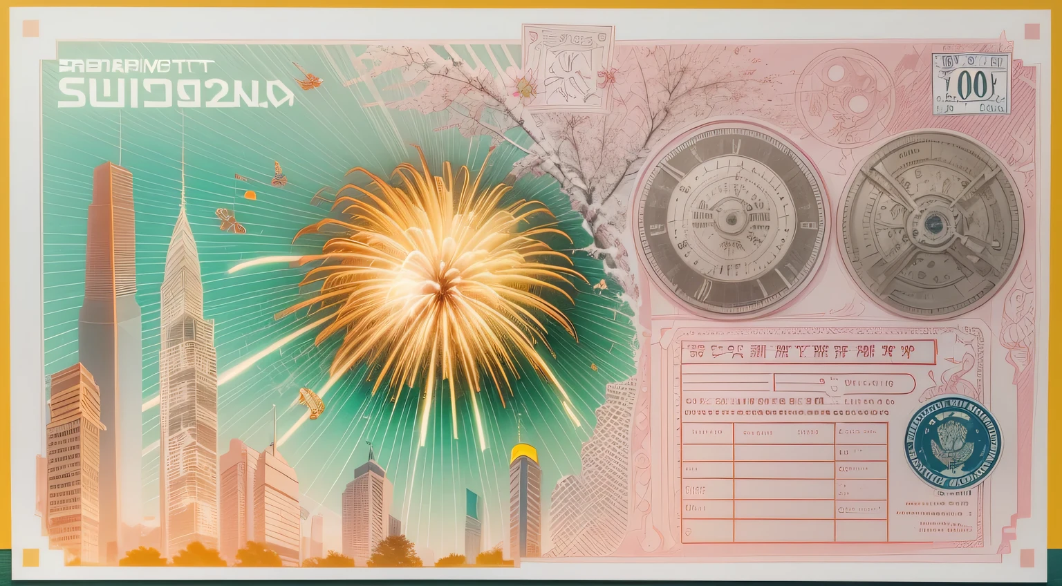 Postal postcard，The front shows a picture of the Shanghai Bund 2024 grand fireworks display.。Typographic wireframe logo with stamp location and recipient、Name format