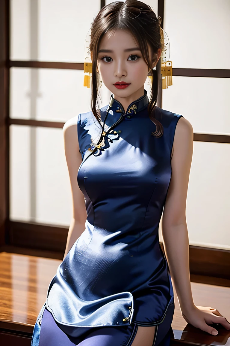 One Chinese Woman、Chinese Garden、(She is wearing a super shiny satin long cheongsam.:1.8)、(Provocative facial expressions), (Sleeveless Chinese long dress that fits the body:1.8)、 Anatomically correct proportions, 8K, RAW shot, Best High Quality, ​masterpiece, realphoto, (portlate:1.5), 18-year-old Chinese beauty, beautiful hairl、(Beautiful woman with slender figure:1.5)、(large udder:1.5)、(She wears a super shiny cheongsam with traditional colors and patterns.:1.5)、(Nipple shadow:1.5)