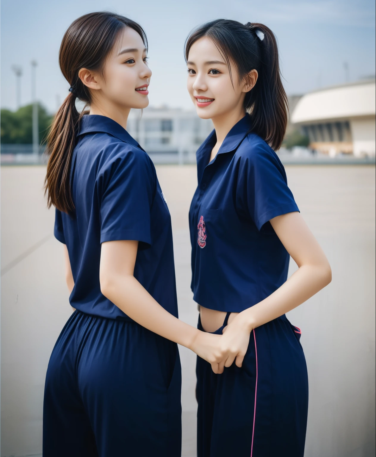 (bestquality,10,10,highres,masterpiece:1.2),ultra-detail,(Realistic,ภาพRealistic,photo-realistic:1.37),1 Cute girl in the football field,oily shiny skin,bara,light smile,BDclothelue shirt:1.3)),short sleeves,shirt, trousers.,(navy_long_ติดตามtrousers:1.1), ((Stadium Background:1.3)),dynamic angle,excited,face focus,Dynamic Poses,from behide,Ass Focus,masterpiece, bestquality, ultra realistic, hyper-detail, 8k resolution, RAW photo, crisp focus, ((Navy blue shirt:1.1)), short sleeves, เส้นทางlong, Complete bodyแบบ, 2 mature women, 18yo, cinematic light,trousersวอร์มสีน้ําเงิน,Gymware,Correct anatomy,Complete body, Correct body, sharp face, Correct bodyทางกายวิภาค, full entire body, Realistic gestures, long-haired, Realistic poses,Wear long shorts..............................,ช่วงขาlong,Shapely,Sculpting Girl, Slender Figure, mannequin mannequins, Shapely, Beautiful body,trousersวอร์มสีน้ําเงิน, Two girls kissing