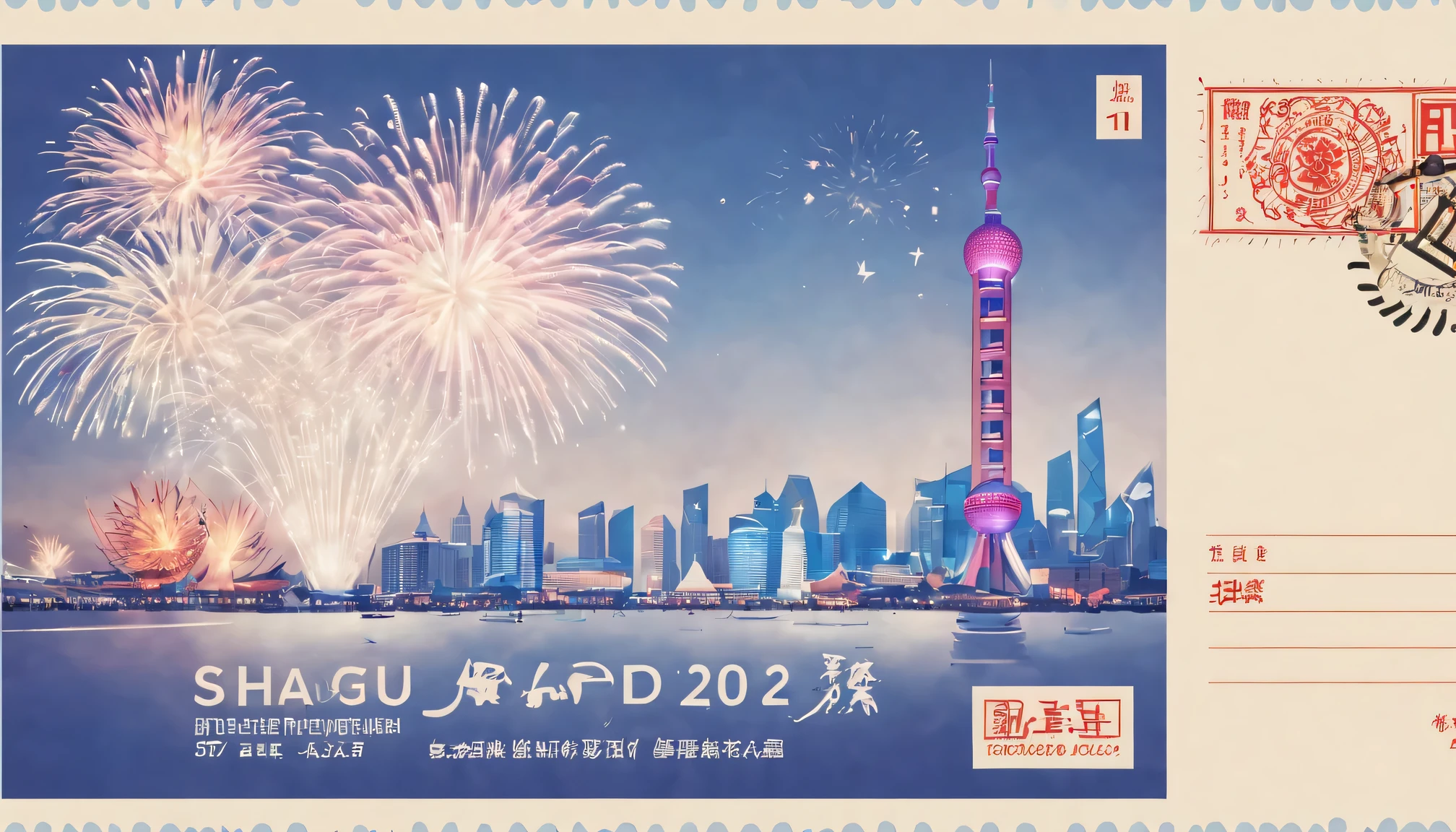 Postal postcard，The front shows a picture of the Shanghai Bund 2024 grand fireworks display.。Typographic wireframe logo with stamp location and recipient、Name format