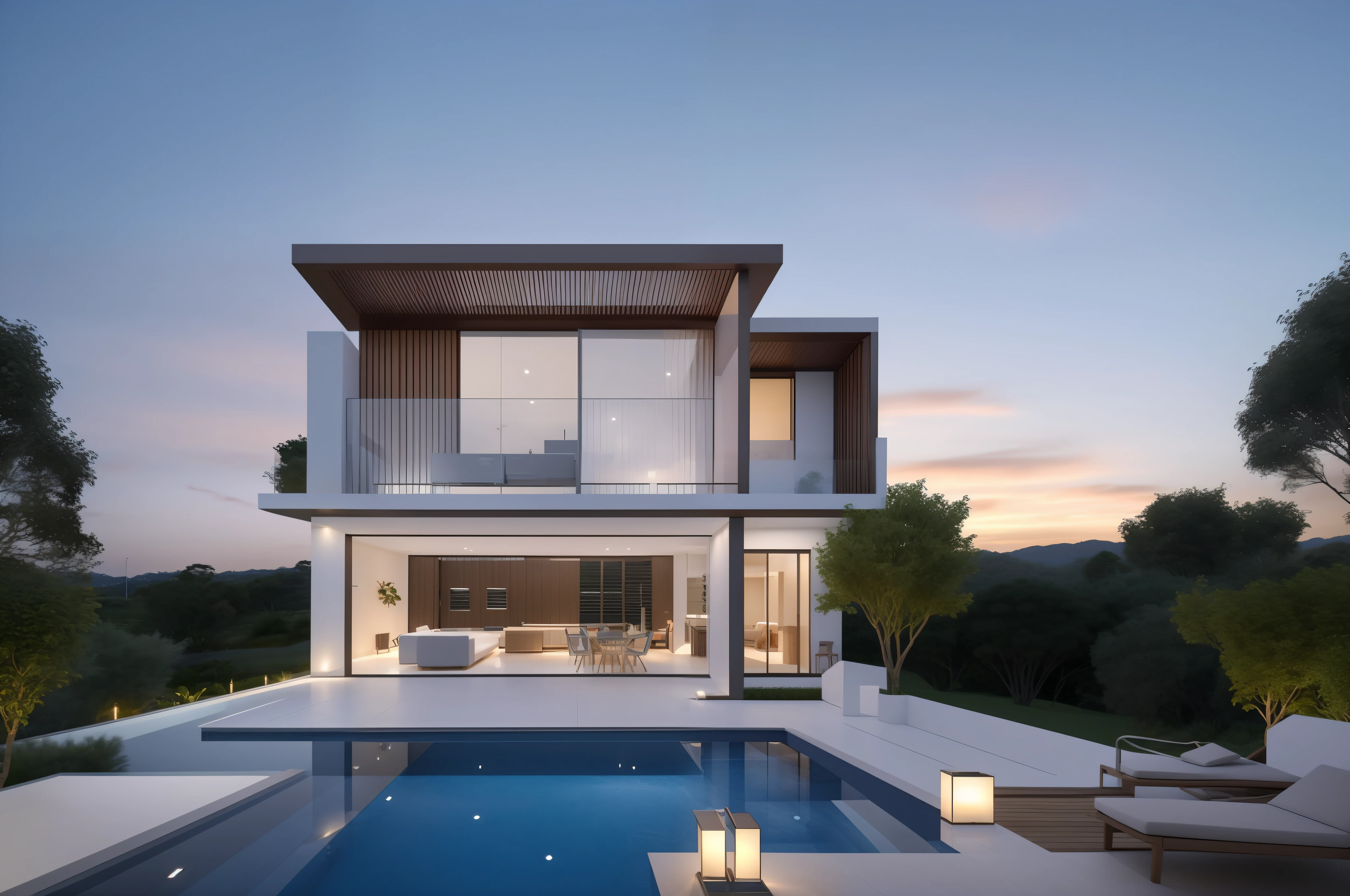 Casa moderna com piscina, (obra prima) alta qualidade 8k, realistic at sunset