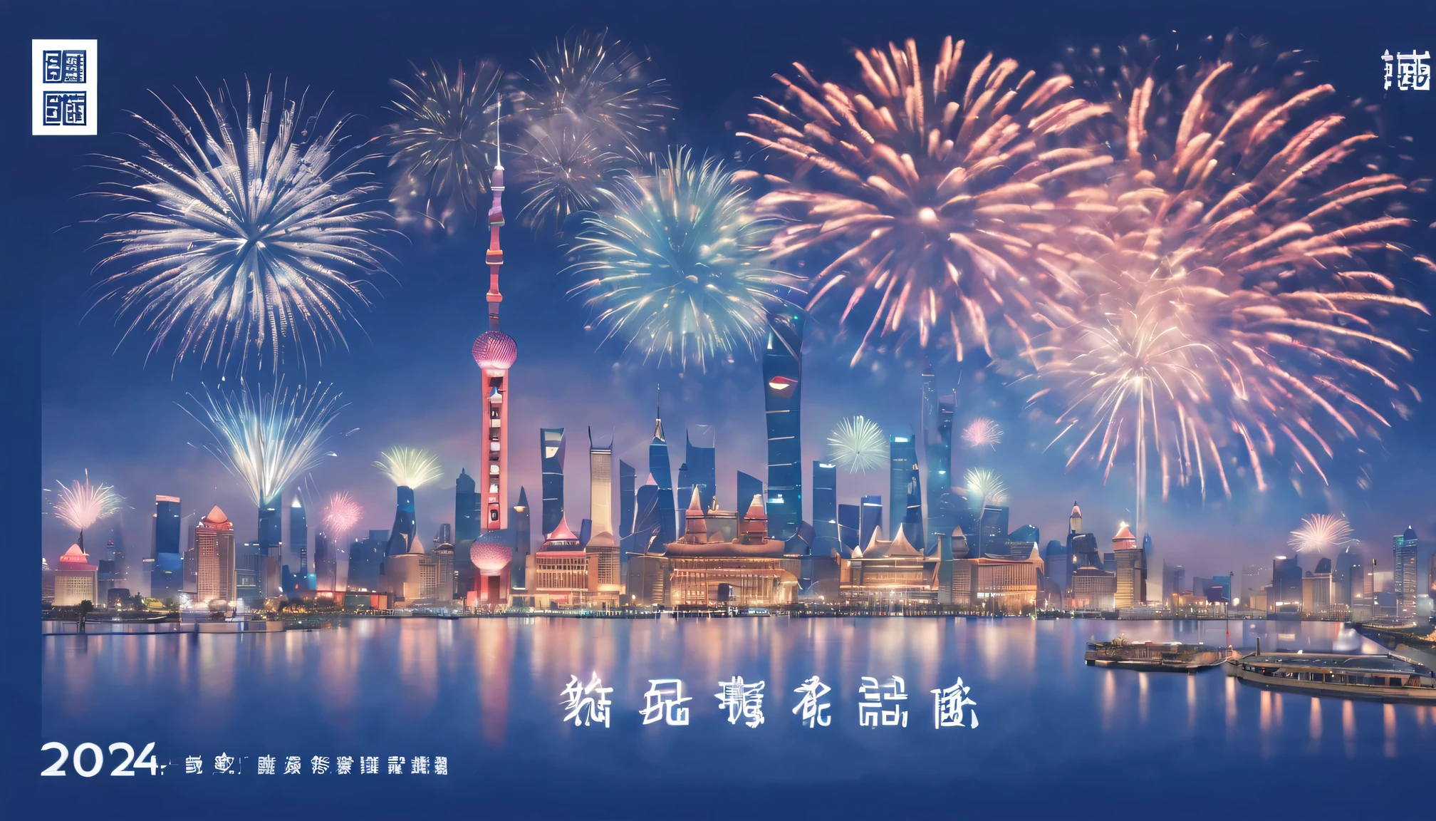 Postal postcard，The front shows a picture of the Shanghai Bund 2024 grand fireworks display.。Typographic wireframe logo with stamp location and recipient、Name format