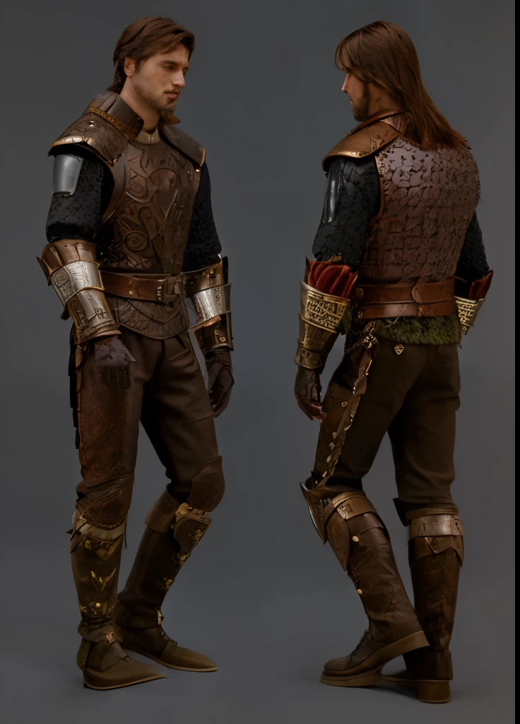a close up of two men in medieval clothing standing next to each other, very detailed and rich clothing, intricate leather armor, high resolution and detail, highly detailed armor, high detail character models, detailed armor, mixed leather armor, hand painted textures on model, male character, highly detailed character, wearing sculpted textured armor, fur and leather armor, full leather armor