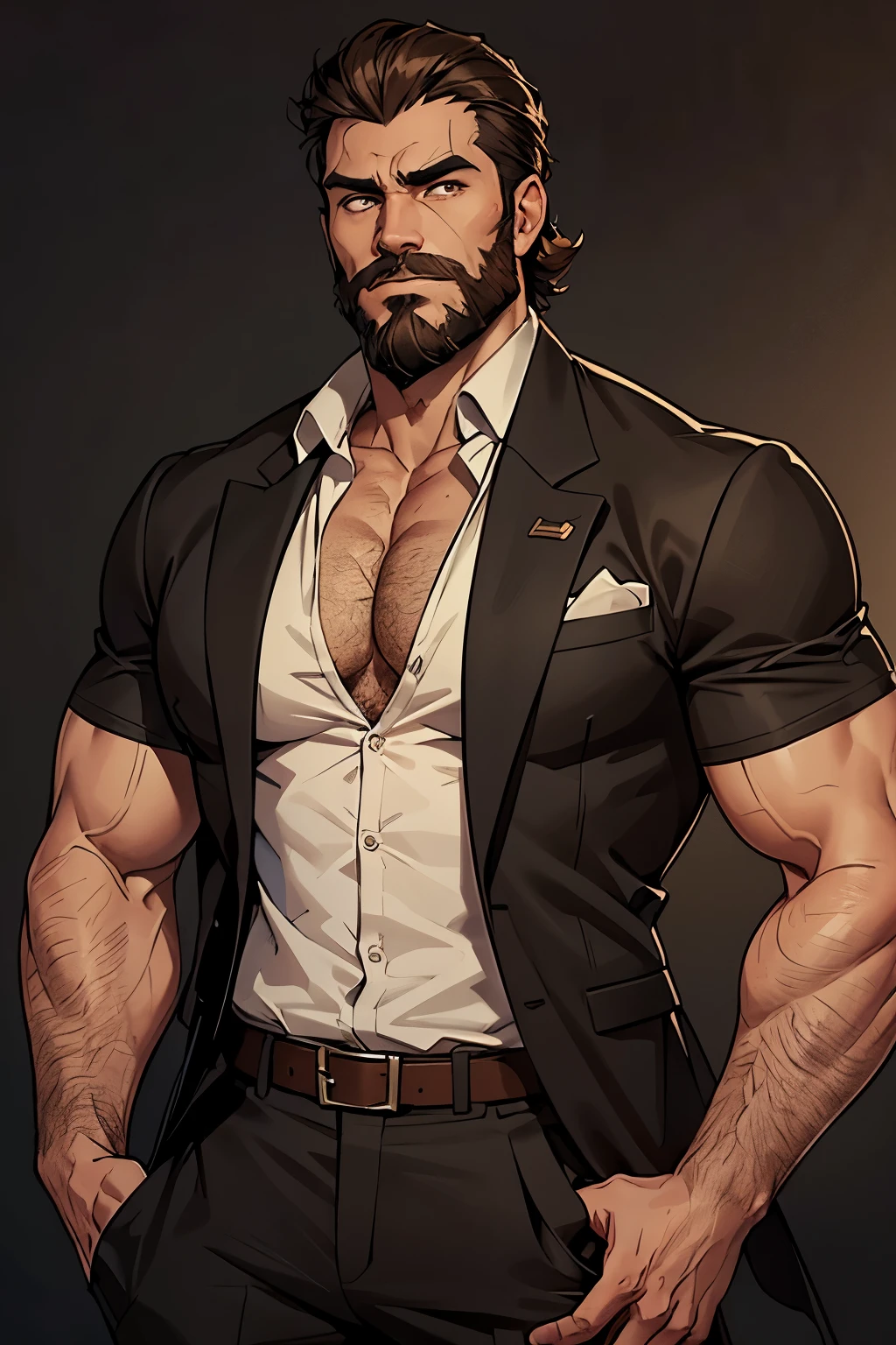 very masculine male face, stuble beard, rugged looks, aesthetic body, formal blazer, visible upper chest muscles, light brown eyes, dark war background