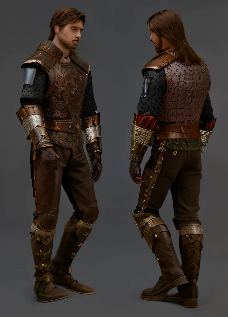 close-up of two men in medieval clothing, standing next to each other, very detailed and rich clothing, complex leather armor, High resolution and detail, highly Detailed armor, Highly detailed character models, Detailed armor, mixed leather armor, Hand painted textures on the model, Male character, highly detailed character, Wearing sculptural textured armor, Fur and leather armor, full leather armor