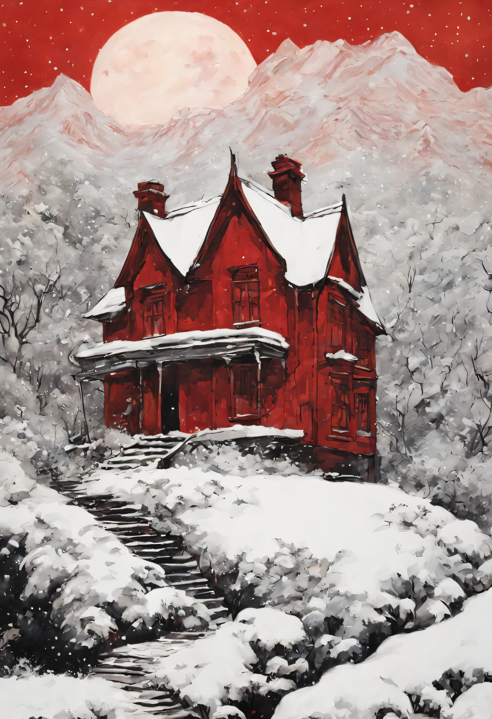 There is a poster of a house in the snow, Inspired by Peter Brooke, (Hamick, author:Kamisaka Yukika, Red sky, Artistic cover, empty mountain under moonlight, In the red dream world, Red sky, Stanley Donwood style, author:Kanaoka Yukase