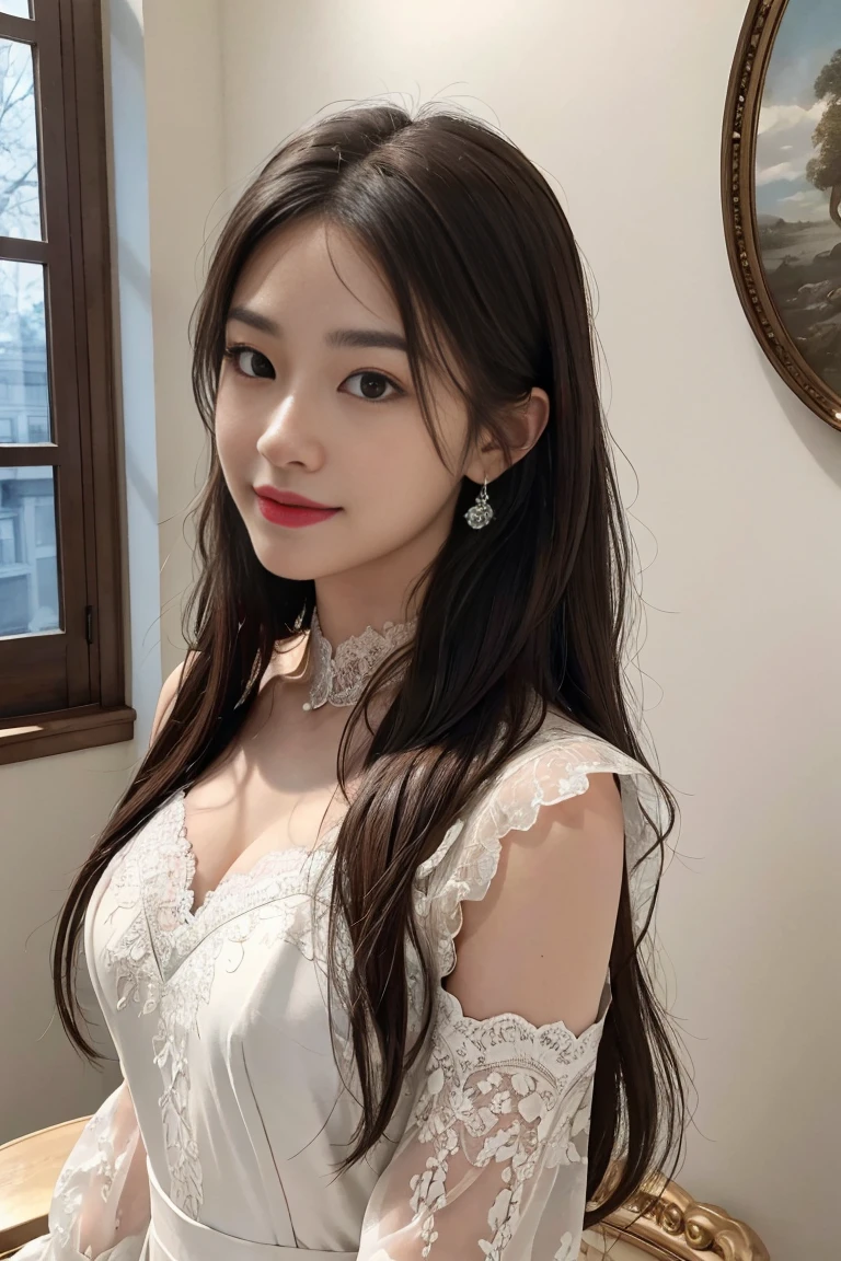 best quality, masterpiece,intricate detail, depth of field,highest quality,extremely detailed,high res,4k,ultra high res,detailed shadow,ultra realistic,realistic,dramatic lighting, full body,1girl, solo,smiling,light blown long hair,detailed face,detailed eye,realistic skin,narrow waist,lace, lace trim,dress,delicate pattern, intricate detail,