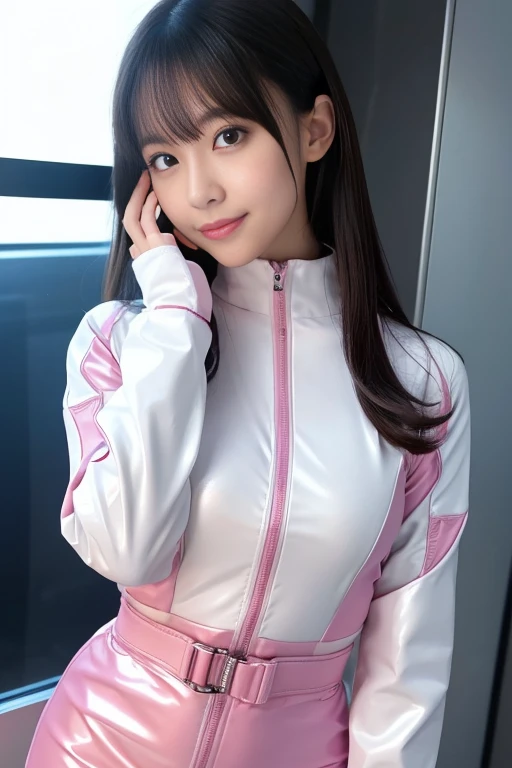 (shiny rubber suit, smile, stare at viewer, leaning forward, 1 girl, looking at viewer, from front, facing straight at viewer, hand on hips, pink and light blue and white clothes, white gloves, futuristic space suit, inside spaceship room), upper body, body suit, short pencil skirt, high neck clothes, hide the neck, drooping eyes, head tilt, masterpiece, best quality, an extremely cute girl, 20 years old, nogizaka 46 girl, black hair, middle short hair