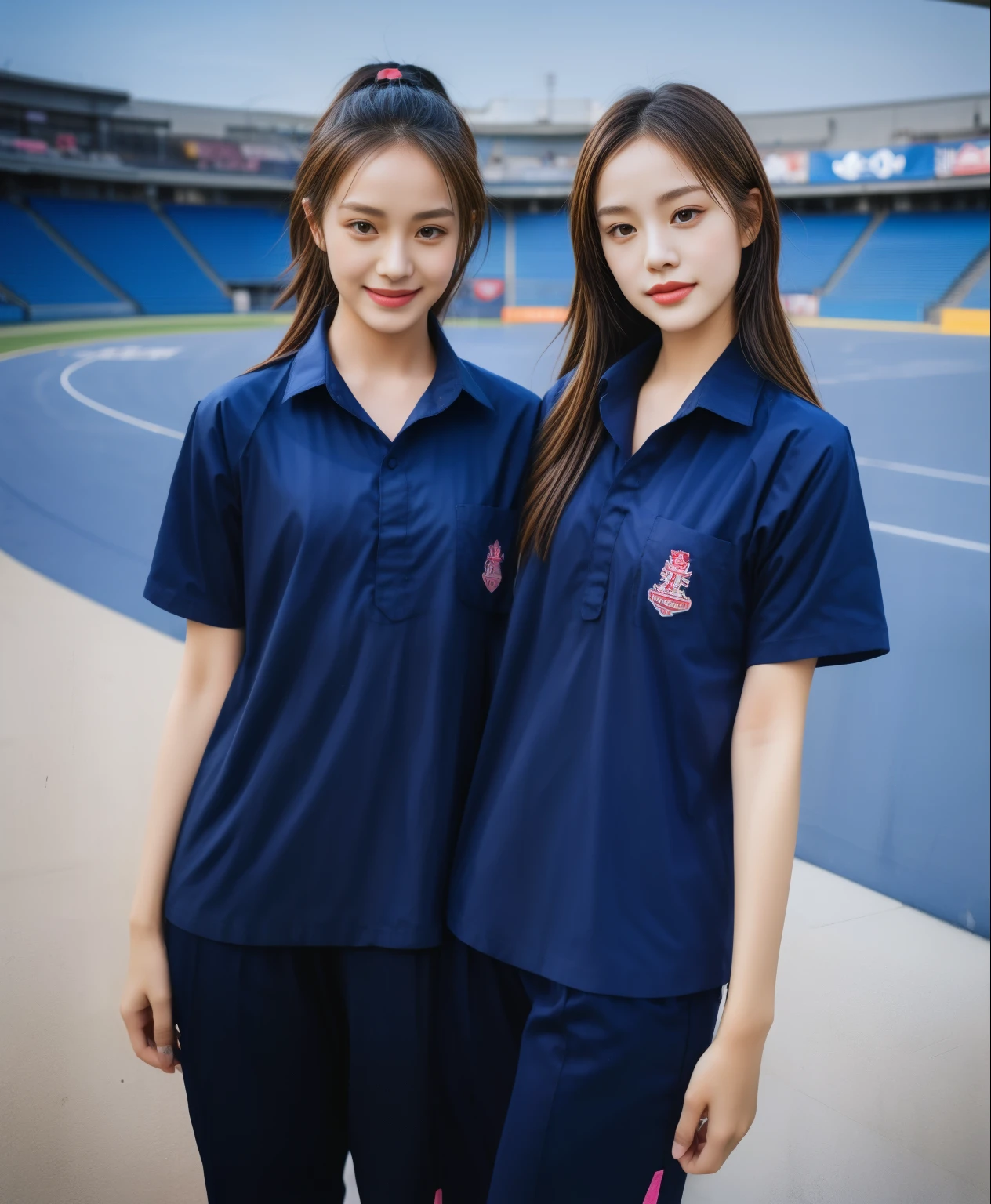(bestquality,10,10,highres,masterpiece:1.2),ultra-detail,(Realistic,ภาพRealistic,photo-realistic:1.37),1 Cute girl in the football field,oily shiny skin,bara,light smile,BDclothelue shirt:1.3)),short sleeves,shirt, trousers.,(navy_long_ติดตามtrousers:1.1), ((Stadium Background:1.3)),dynamic angle,excited,face focus,Dynamic Poses,from behide,Ass Focus,masterpiece, bestquality, ultra realistic, hyper-detail, 8k resolution, RAW photo, crisp focus, ((Navy blue shirt:1.1)), short sleeves, เส้นทางlong, Complete bodyแบบ, 2 mature women, 18yo, cinematic light,trousersวอร์มสีน้ําเงิน,Gymware,Correct anatomy,Complete body, Correct body, sharp face, Correct bodyทางกายวิภาค, full entire body, Realistic gestures, long-haired, Realistic poses,Wear long shorts..............................,ช่วงขาlong,Shapely,Sculpting Girl, Slender Figure, mannequin mannequins, Shapely, Beautiful body,trousersวอร์มสีน้ําเงิน, Two girls kissing