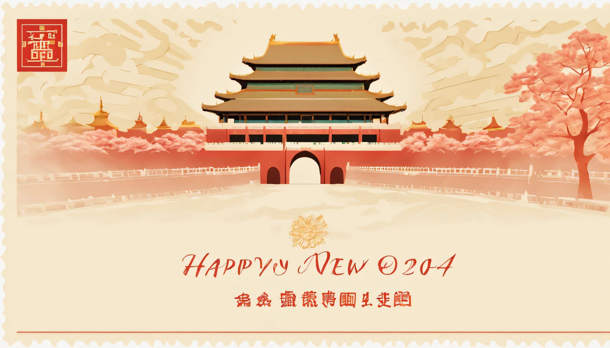 Postal postcard，Happy New Year 2024，There is a picture of the Forbidden City in Beijing on the front。Typographic wireframe logo with stamp location and recipient、Name format