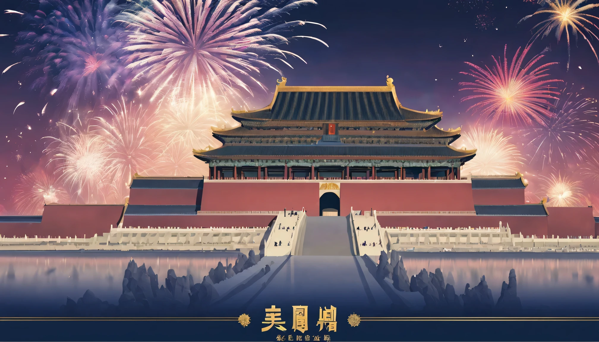 Postal postcard,2024,Ring in the New Year,A grand fireworks display,There is a picture of the Forbidden City in Beijing on the front。Typographic wireframe logo with stamp location and recipient、Name format