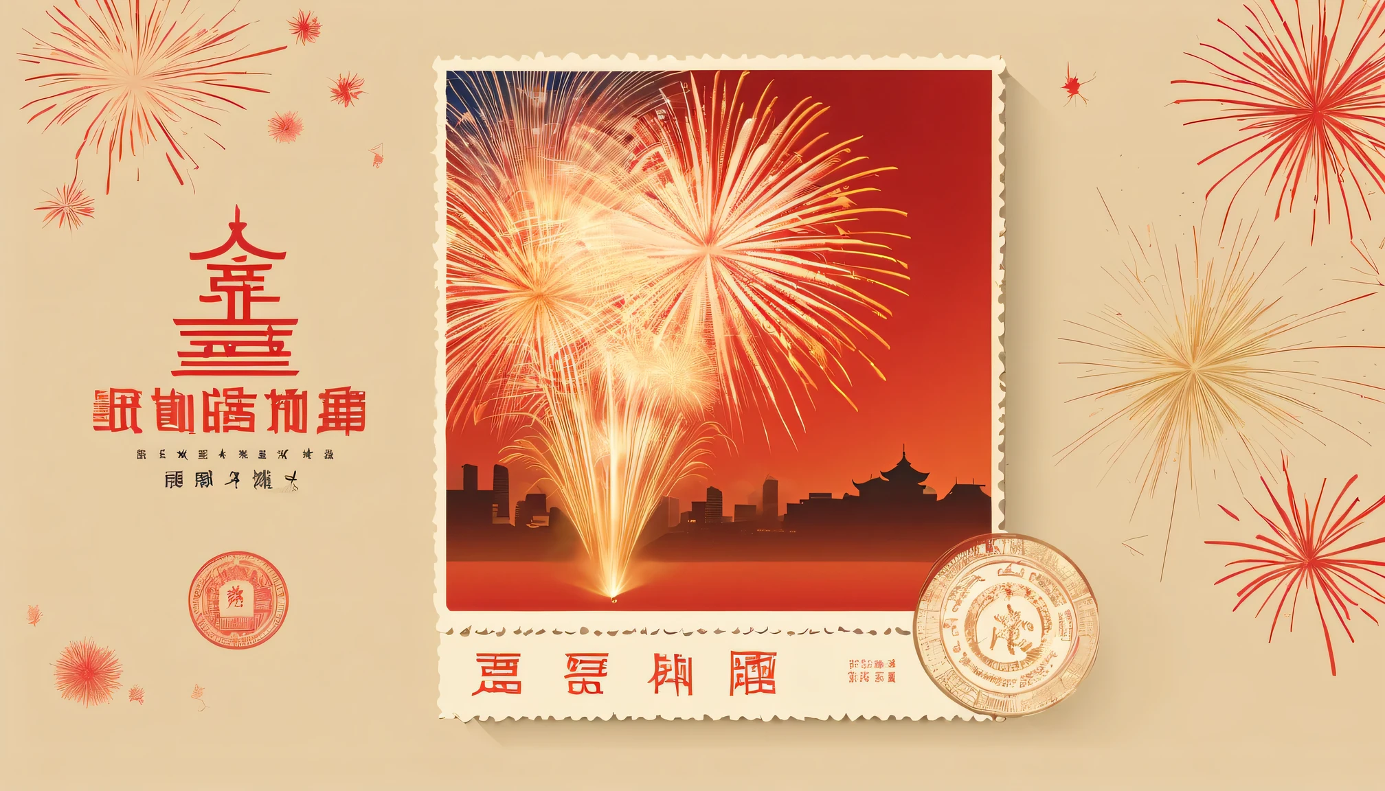 Postal postcard,2024,Ring in the New Year,A grand fireworks display,There is a picture of the Forbidden City in Beijing on the front。Typographic wireframe logo with stamp location and recipient、Name format