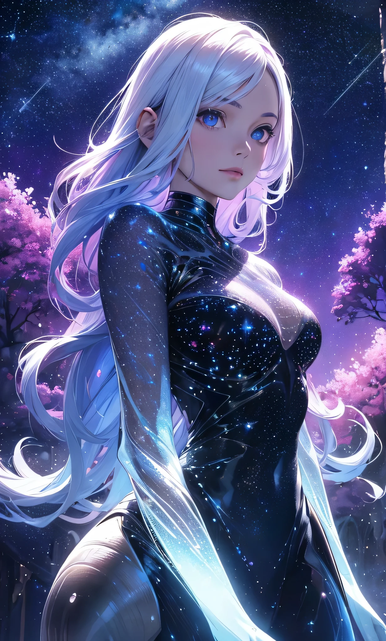 (Best quality,Ultra-detailed,Realistic:1.37),( naked 1.2) Extraterrestrial life forms, Glowing ethereal eyes, Intricate alien characteristics, busty,[(((Glassy transparent skin alien)))+purpleish color], Vibrant colors, celestial background, Cosmic atmosphere, mystical aura, otherworldly presence, Starry sky, Radiant celestial bodies, Interstellar beauty, Mesmerizing light patterns, Surrealist composition, Otherworldly brilliance, starry,stars, cloud,colorful