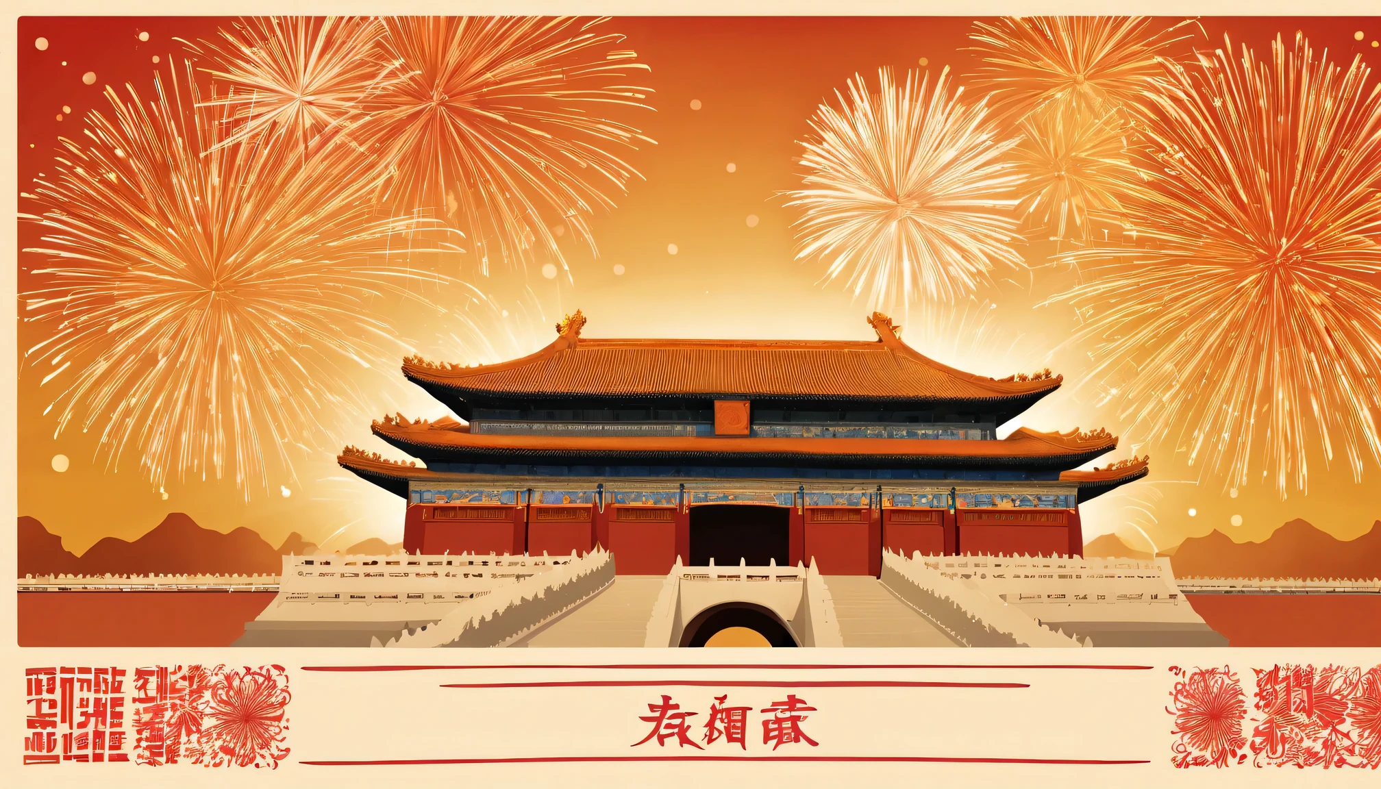 Postal postcard,2024,Ring in the New Year,A grand fireworks display,There is a picture of the Forbidden City in Beijing on the front。Typographic wireframe logo with stamp location and recipient、Name format