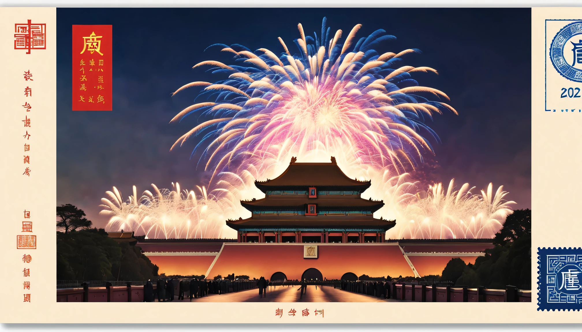 Postal postcard,2024,Ring in the New Year,A grand fireworks display,There is a picture of the Forbidden City in Beijing on the front。Typographic wireframe logo with stamp location and recipient、Name format