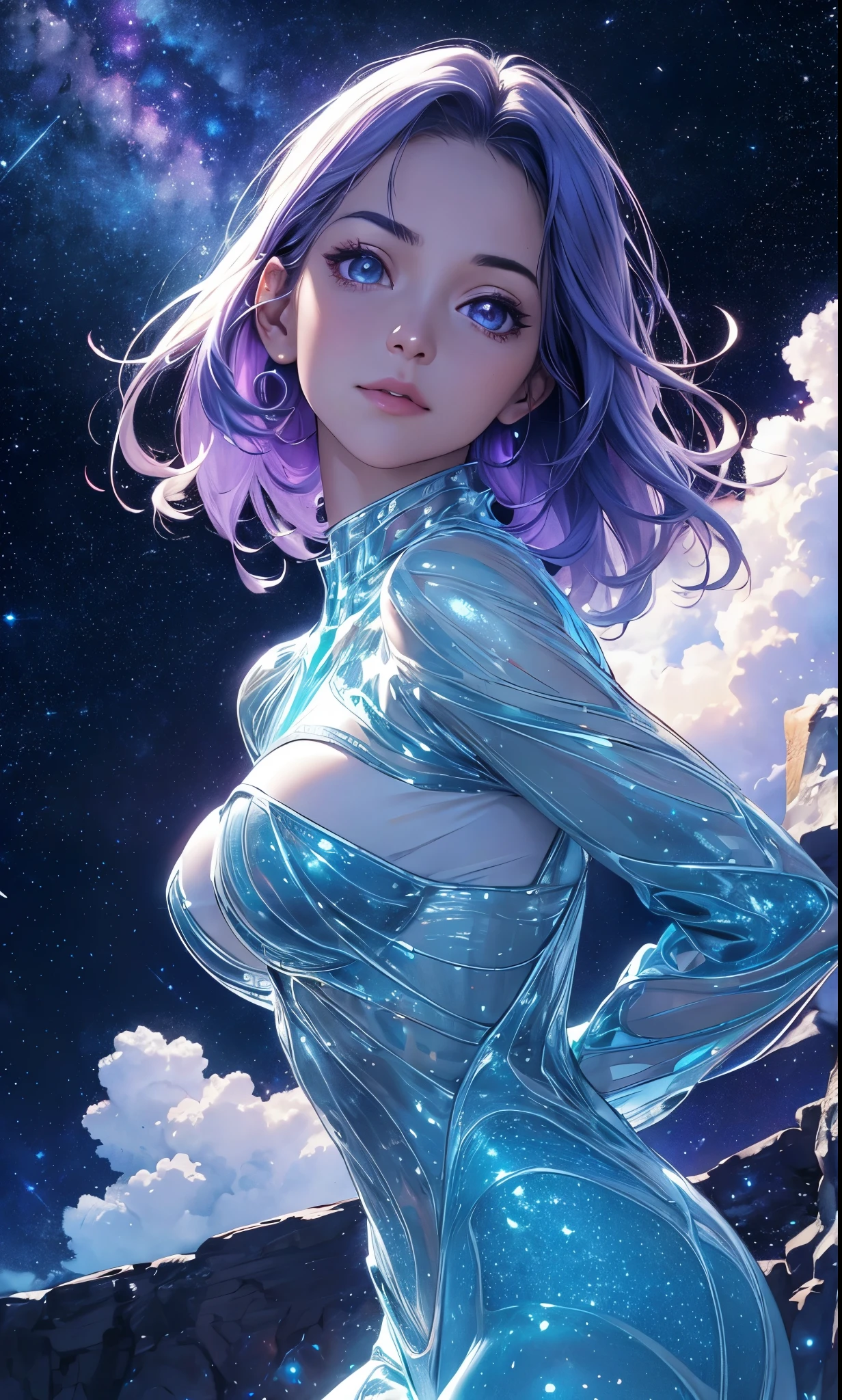(Best quality,Ultra-detailed,Realistic:1.37), Extraterrestrial life forms, Glowing ethereal eyes, Intricate alien characteristics, busty,[(((Glassy transparent skin alien)))+purpleish color], Vibrant colors, celestial background, Cosmic atmosphere, mystical aura, otherworldly presence, Starry sky, Radiant celestial bodies, Interstellar beauty, Mesmerizing light patterns, Surrealist composition, Otherworldly brilliance, starry,stars, cloud,colorful