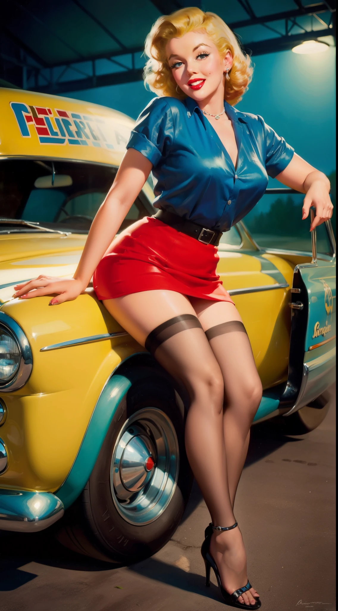 20 years old Marilyn Monroe sitting on the ground sheet, in front of a retro car, vintage, retro pin up style, sexy, detailed everything, surprised, mini tight skirt, flowing skirt, hyper realism, intricate detailed,colorful , Harmony color scheme, masterpieces art work, illustrated,