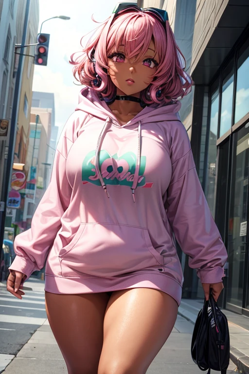An anime-style adult female character, short curly pink hair, dark skin, her eyes are different colors, her left eye is dark pink, she is chubby, wears wireless headphones with green details, and wears a hooded sweatshirt with iris printed in a bow, she has a hoodie on her sweatshirt