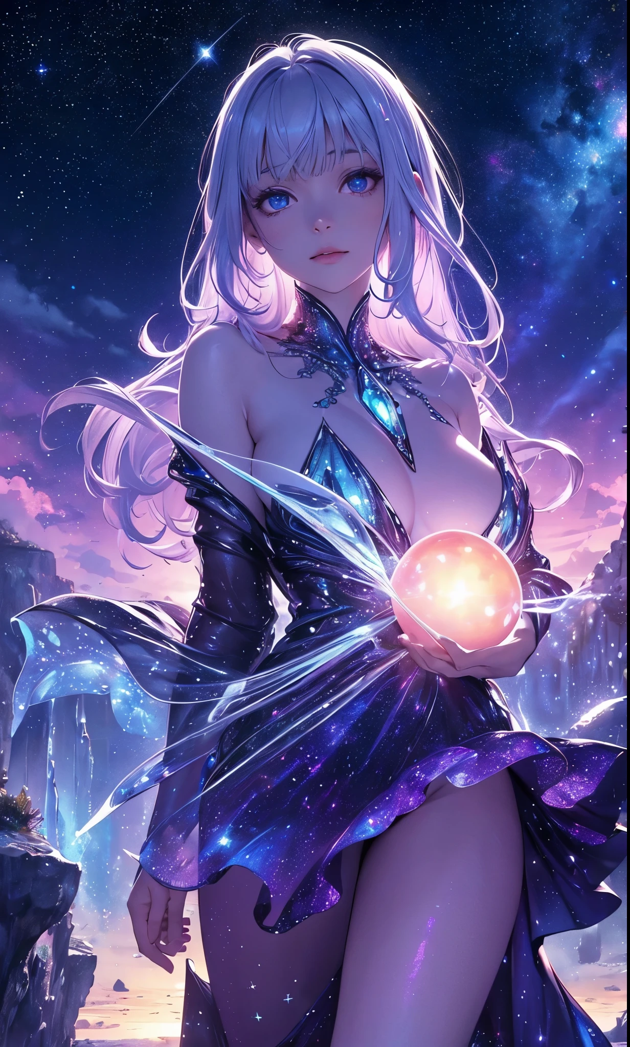 (Best quality,Ultra-detailed,Realistic:1.37),( naked 1.4) Extraterrestrial life forms, Glowing ethereal eyes, Intricate alien characteristics, busty,[(((Glassy transparent skin alien)))+purpleish color], Vibrant colors, celestial background, Cosmic atmosphere, mystical aura, otherworldly presence, Starry sky, Radiant celestial bodies, Interstellar beauty, Mesmerizing light patterns, Surrealist composition, Otherworldly brilliance, starry,stars, cloud,colorful