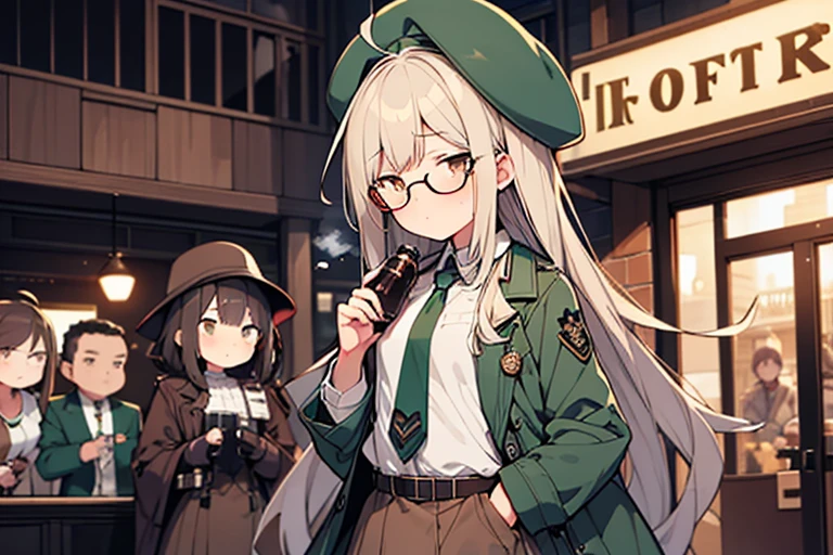 long ahoge,shirt,White hair,Brown eyes,Bottle-bottom glasses,Brown tie,brown skirt,dark green beret,Dark green jacket,girl with,steampunkai,sleepeace,retro city background,#jitome