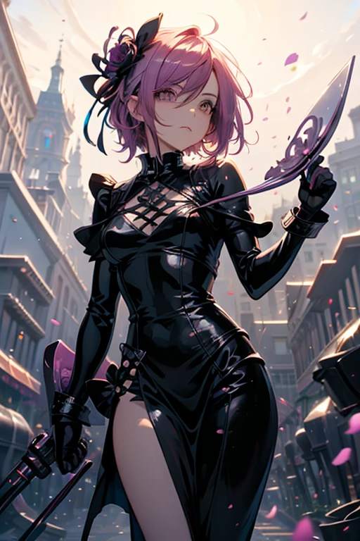 taimanin suit, Black leotard, Fishnet tights, Elbow hand pockets, Arm guard, armored skirt, Thigh-high boots, ((Anatomically correct hand:1.5)), ((anime)), Ultra-precision, masterpiece, really beautiful, プリンセスのface, ((alone:1.5)), ((Pink Hair:1.5)), ((Bobcut 1.5)), break, ((black eye)), Shortcuts, ((Straight hair)), break, All limbs,((Full Finger:1.5)), break, (Skin Dentition), ((Skin dents)), Professional Lighting, (Age 25), Tight waist, Shiny skin (Brown Skin), ((Oily skin)), Glowing Skin, Looking at the audience, ((Cowboy Shot:1.5)), Looking at the camera, 笑face, Open your mouth a little, ((cute:1.5)), Very narrow eyes, Extra-fine face, ((Thin lips:1.5)), ((Droopy eyes)), わずかな笑face, ((Model pose:1.5)), face, Looking at the camera, ((Anatomically correct fingers:1.5)), ((Thighs)), sexy, Perfect hands, (((Arms back:1.5))),((Metallic costumes:1.5)),,agnes tachyon ,(umamusume)