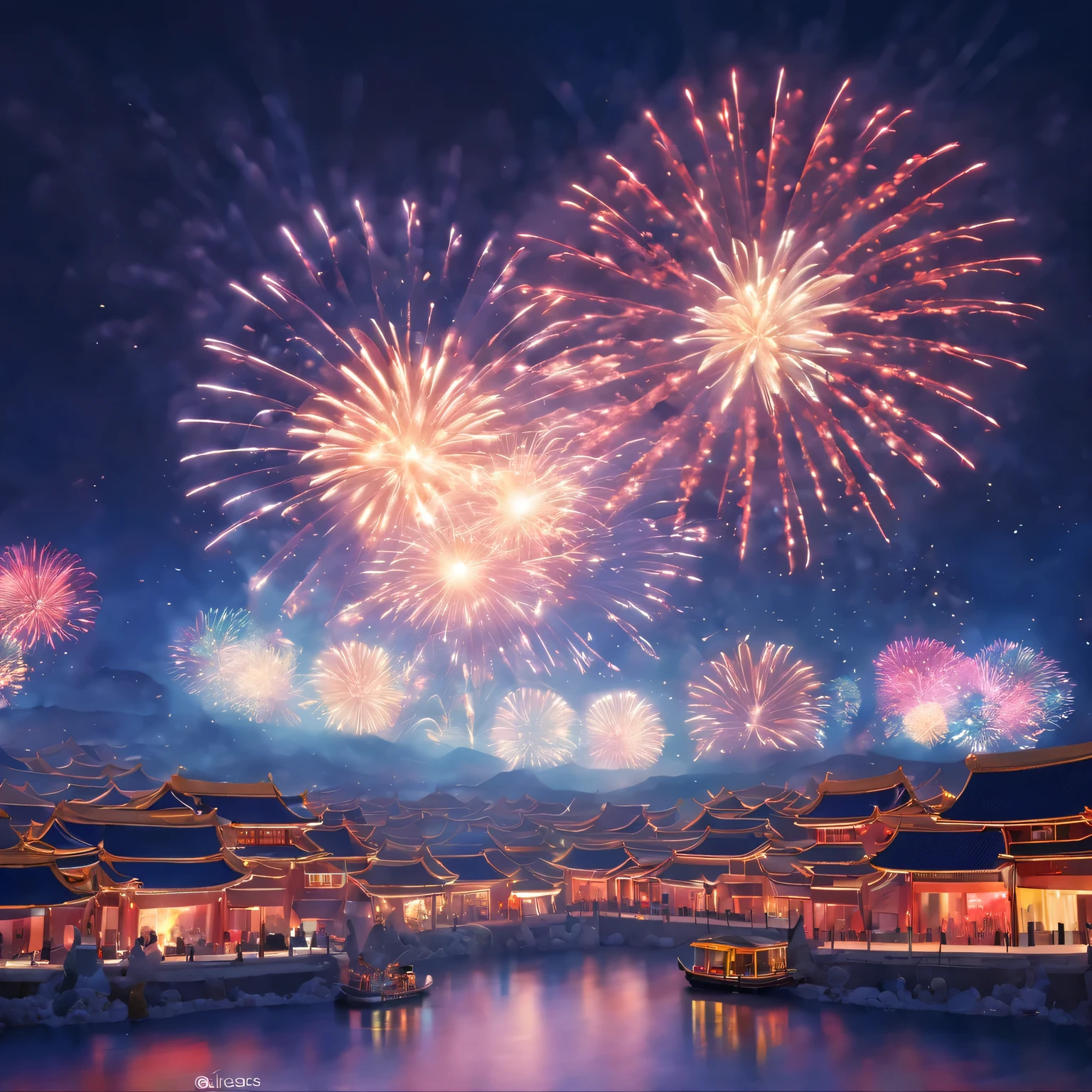(A high resolution,Best quality at best,tmasterpiece:1.2) a traditional chinese village, Grand New Year Fireworks Show, Colorful fireworks show, dynamic and energetic, Capture the vibrant atmosphere of the venue , Perfectly capture the intricate details of every exploding firework, professional photoshooting, vivd colour, Focus sharp, A true portrait of stunning fireworks, illuminate the night sky, Show the beauty of celebration, magnificent artistic depiction , Capturing the essence of the holiday spirit, Carefully created works, Use studio lighting to highlight fireworks, Clever use of bokeh creates a dreamy and captivating atmosphere, Amazing fireworks display, Bring the excitement and joy of New Year celebrations to life.