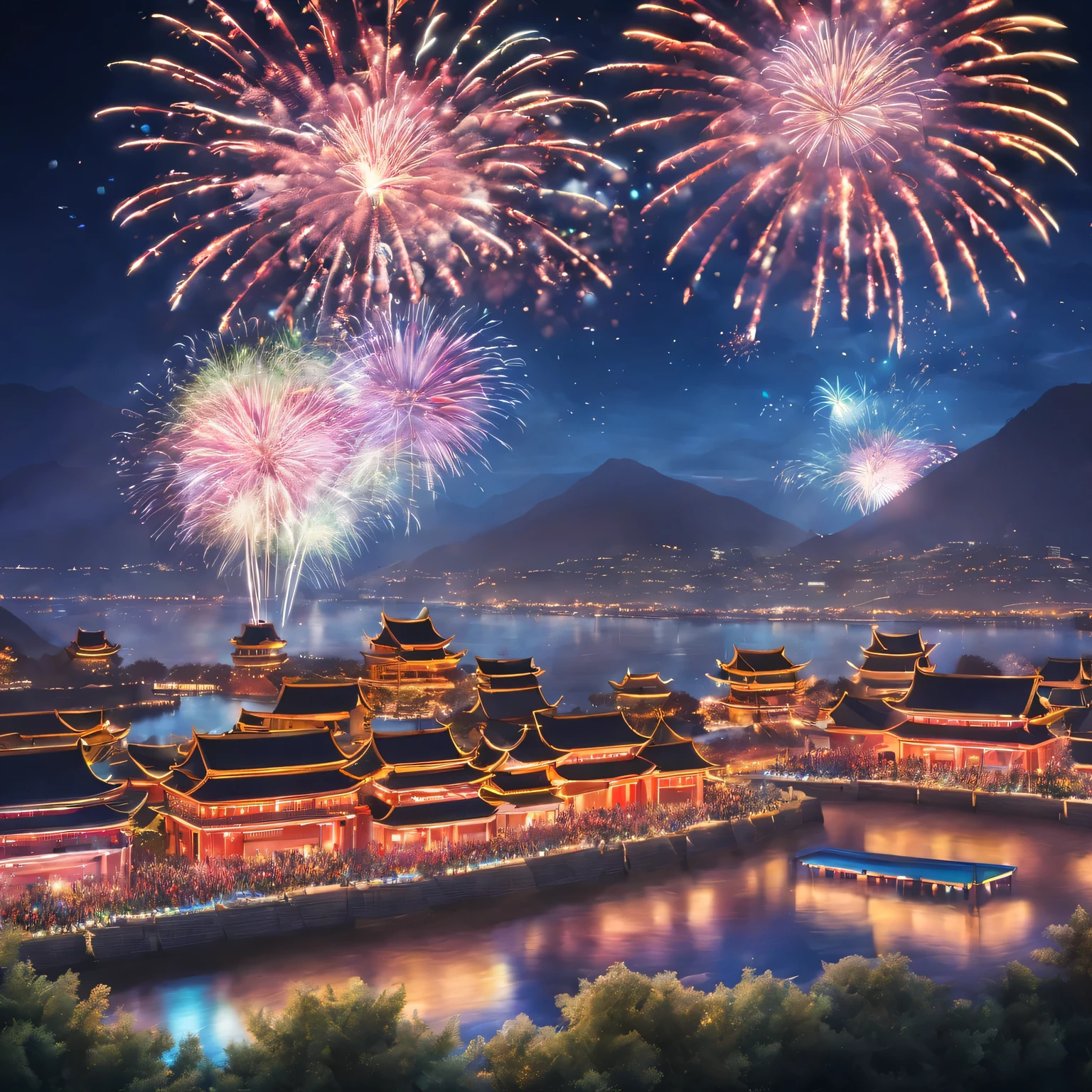 (A high resolution,Best quality at best,tmasterpiece:1.2) a traditional chinese village, Grand New Year Fireworks Show, Colorful fireworks show, dynamic and energetic, Capture the vibrant atmosphere of the venue , Perfectly capture the intricate details of every exploding firework, professional photoshooting, vivd colour, Focus sharp, A true portrait of stunning fireworks, illuminate the night sky, Show the beauty of celebration, magnificent artistic depiction , Capturing the essence of the holiday spirit, Carefully created works, Use studio lighting to highlight fireworks, Clever use of bokeh creates a dreamy and captivating atmosphere, Amazing fireworks display, Bring the excitement and joy of New Year celebrations to life.