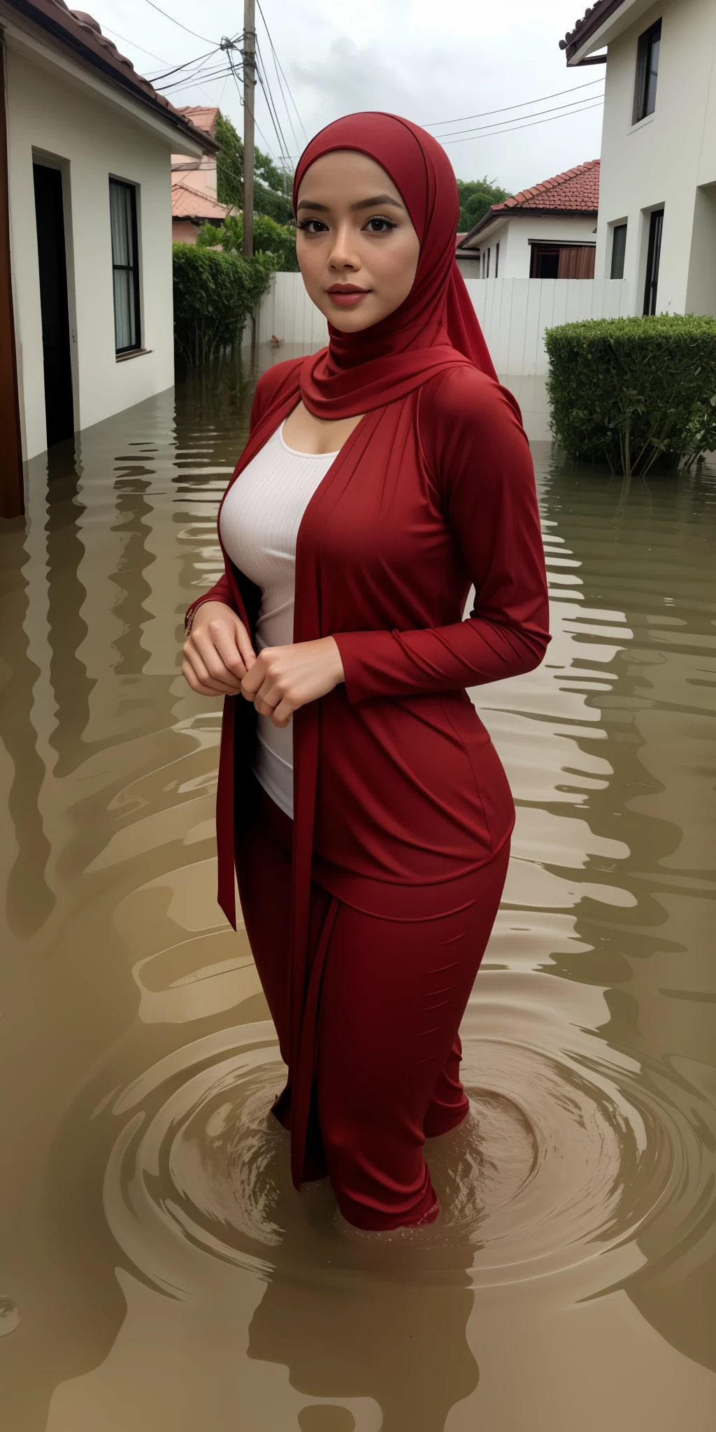 gravure, from the chest up, masutepiece, Best Quality, Ultra-detailed, Photorealistic, super detailed skin, Perfect Anatomy, (1 Malaysian), (Solo), 84 years old, Large breasts, Malaysian Hijab actress, nudes red, glamor, A sexy, Chromo-white skin, Looking at Viewer, Being in a flooded village, High flood water at the central level, Flooding chest level, VERY DEEP FLOODING, The flood outside the house is very high