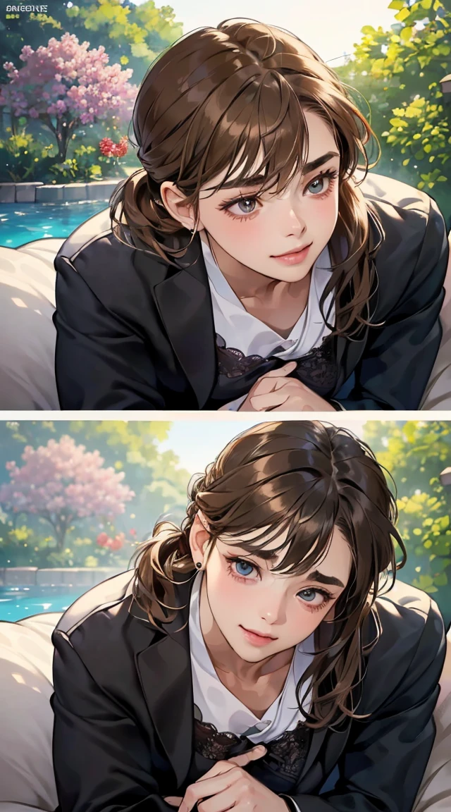 (masutepiece, Digital Art, Digital Illustration, 4K, 8K, Ultra-detailed, beautiful image, Sharp Image, Photorealistic, Raw photo, Perfect face, Perfect lines, Perfect eyes, Soft lighting) 1 woman, (lightbrown hair,Chignon Hair,Innocent look,drooping eyebrows,drooing eyes,with round face,Round jaws、Innocence,cute little,big eye,natural make up,kindly smile,E-cup,23 y-o woman:1.3),Two handsome men in suits, (ember,Men in suits,well-muscled,Firm shoulder width,  Boyish hairstyle,Man in his 30s with a cool expression,28-year-old man with bright smile:1.2),A garden full of light、lots of flower、The fountain、colorful flower light,(embarrassed from,Shy smile:1.2),Resort Sofa,the kiss、kiss、a couple、couple kissing、Romance、