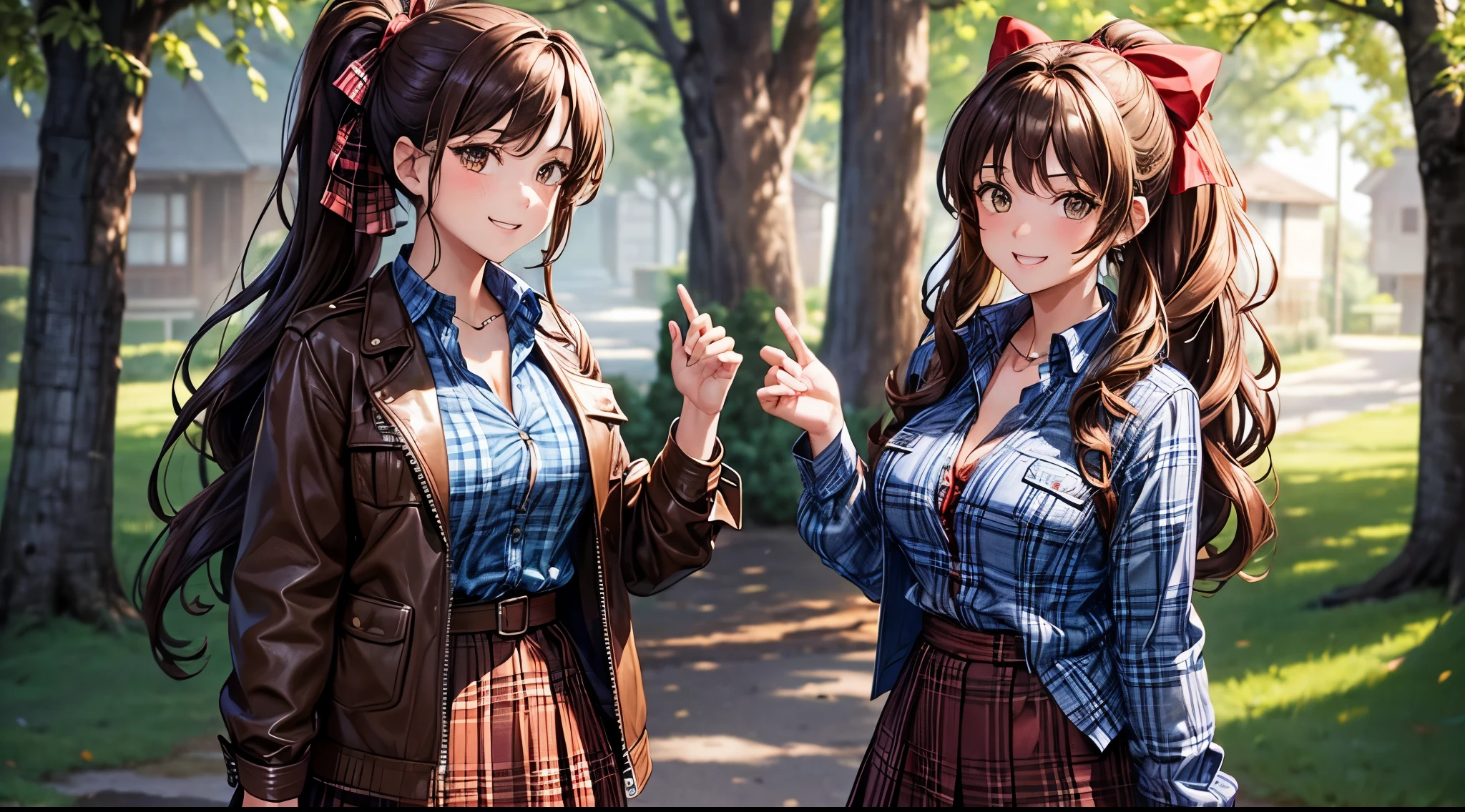 2girls, full body, solo, village, trees, brown hair, long hair, curly hair, ponytail, large breasts, button down shirt, ((blue checked shirt)), ((unbuttoned shirt)), brown eyes, ((opened brown zipper jacket)), leather jacket, red and black skirt, grin, looking at the viewer, standng, hair ribbon