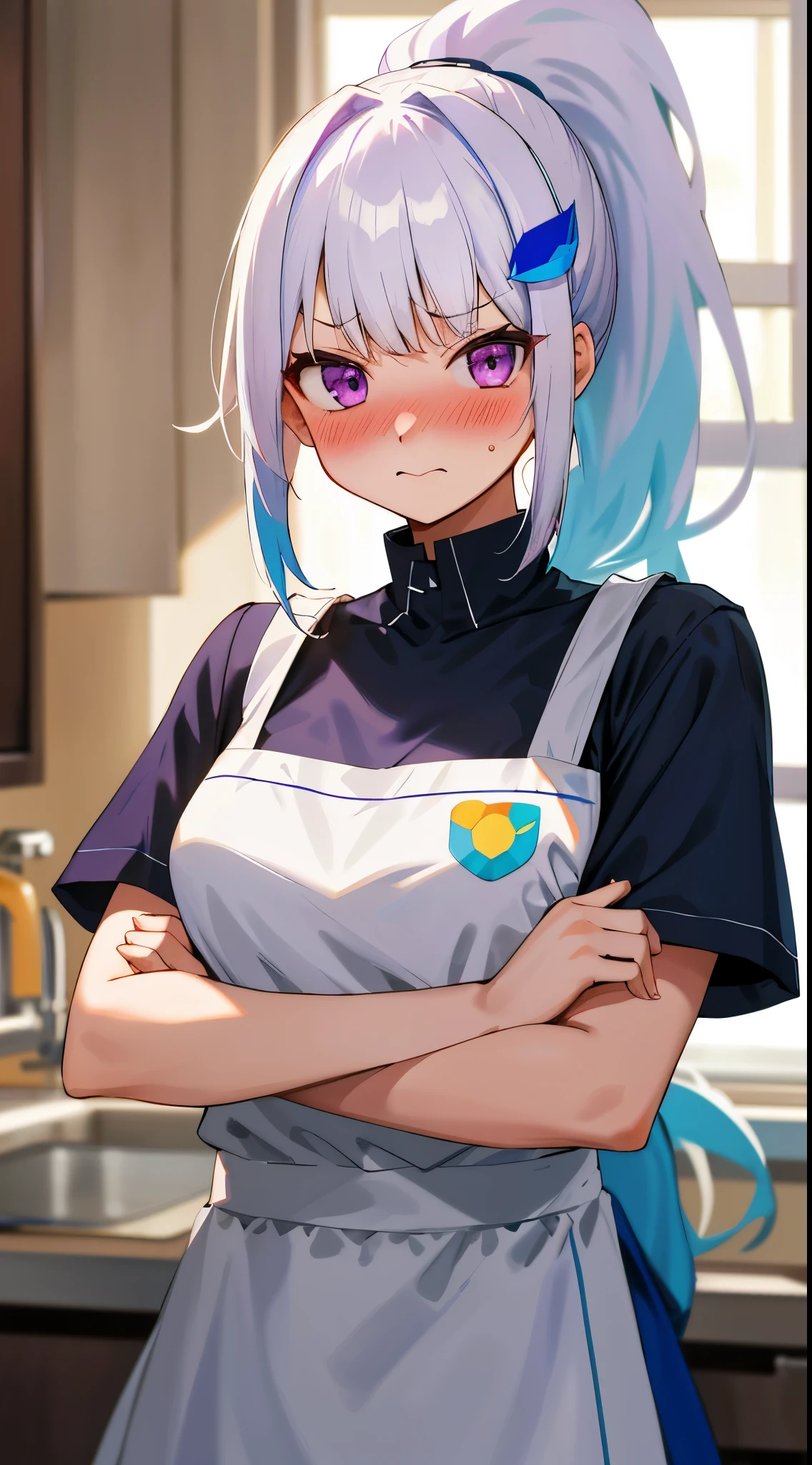 One girl with high ponytail hair, bangs, white hair, blue inner hair:1.25) , purple eyes, looking at viewer, blushing, embarrassed, indoor, kitchen, t shirt, apron, mid-chest, day atmosphere, hair ornament, medium breasts, upper body, focus, blurry background, crossed arms