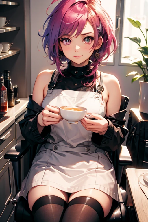 A pink haired man with violet eyes is making tea.