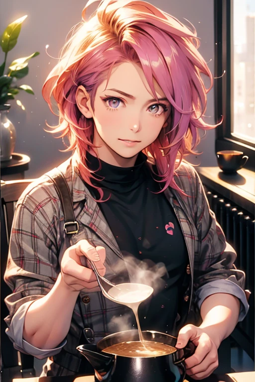 A pink haired  handsome man with violet eyes is making tea.