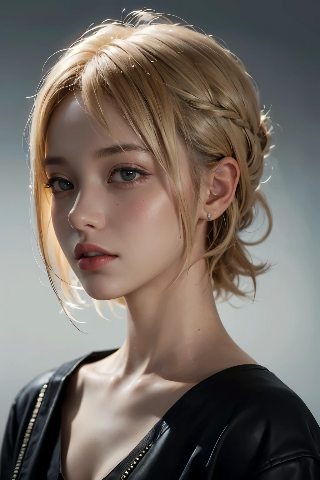 a 20 yo woman, blonde, (hi-top fade:1.3), dark theme, soothing tones, muted colors, high contrast, (natural skin texture, hyperrealism, soft light, sharp) wearing bikin