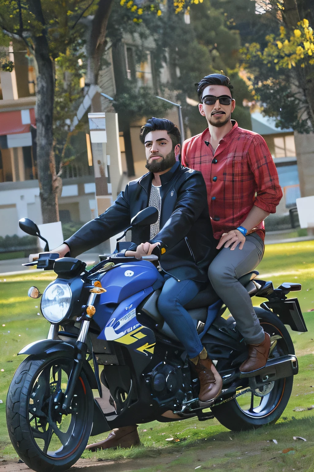 there are two men riding on a motorcycle in the park, without helmet, stylish pose, candid picture, with octane, touring, very artistic pose, artistic pose, pose, fun pose, with a cool pose, taken with the best dlsr camera, symmetric!!, photoshoot, cool pose, friendship, taken with canon 8 0 d, * colour splash *