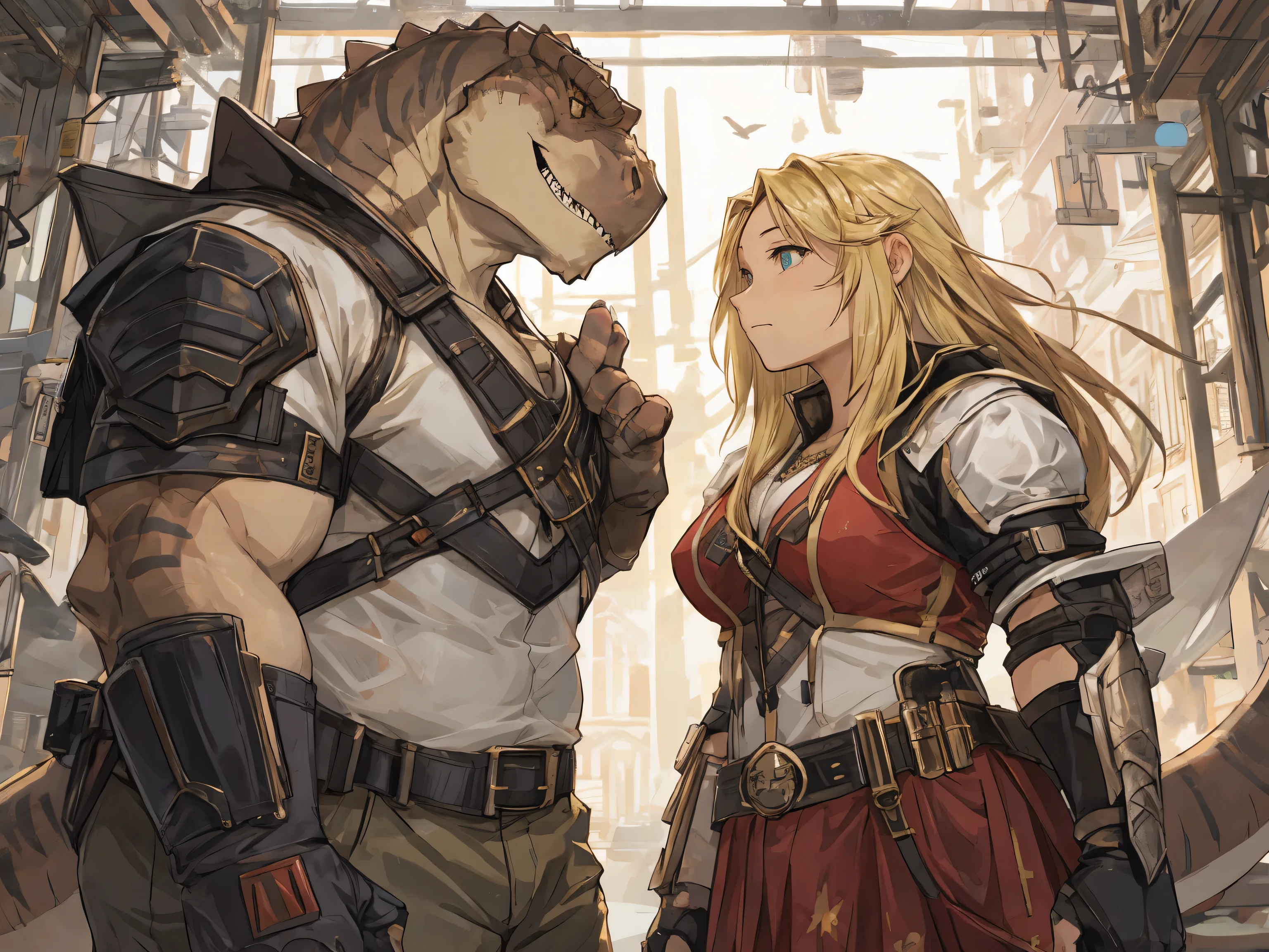 massive fat muscular anthro tyrannosaurus, (detailed eyes), duo, pretty blonde human girl