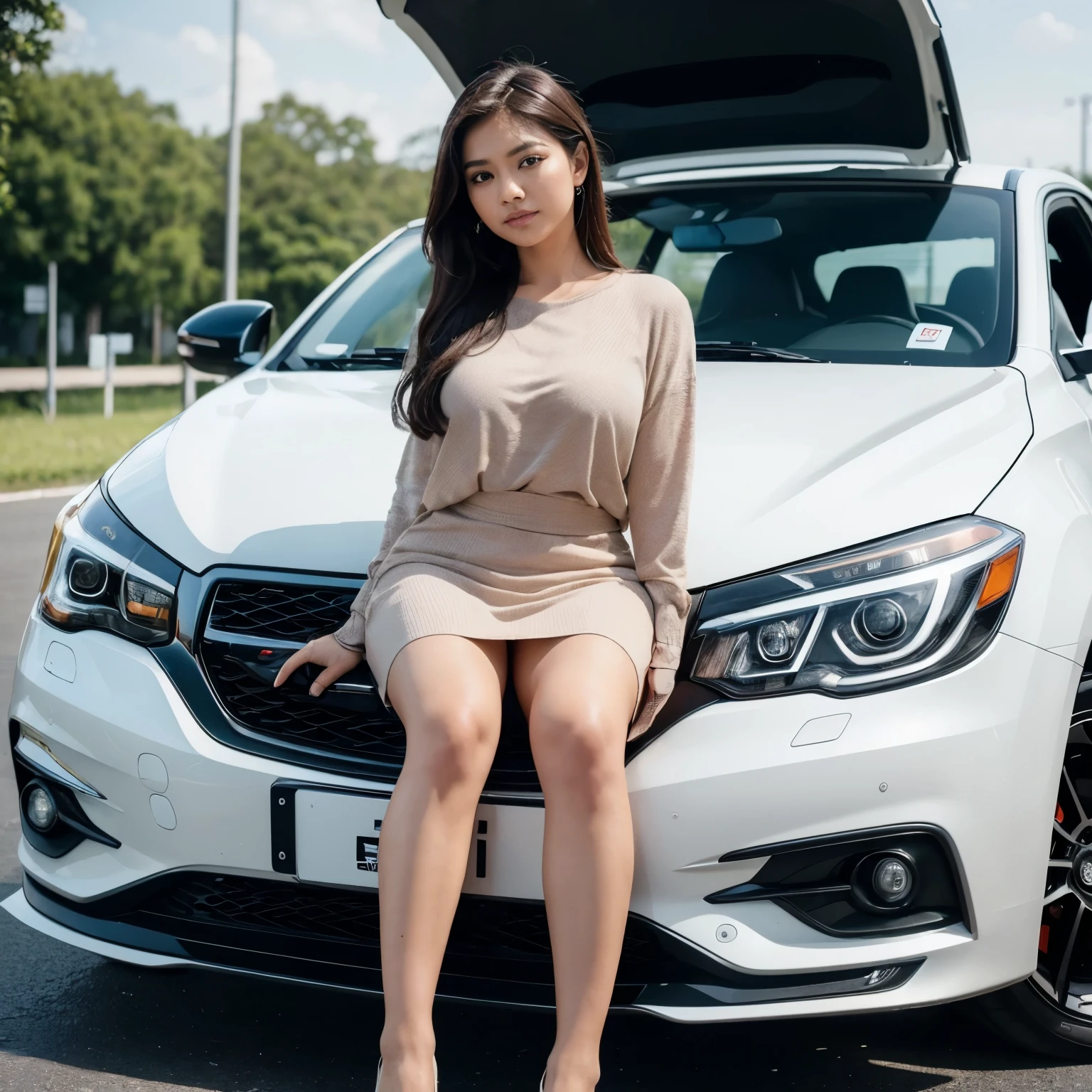 (best quality,4k,8k,highres,masterpiece:1.2), ultra-detailed, realistic:1.37, Malay girl sitting on the trunk of a car, modeling, black Vios, write "Ferdi" on the plate