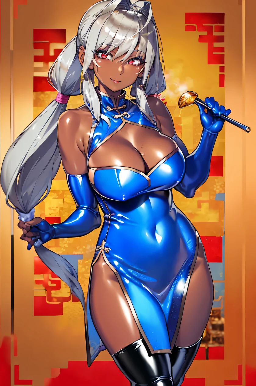 Floral background, Silver hair, Twin-tailed, Long hair, Red Eyes, Large breasts, Standing, Chinese background, Indoors, Solo, (shiny), (blue pvc chinese dress:1.2), Bare shoulder, cleavage cutout, Collar, blue pvc elbow gloves, Blue PVC thigh-high boots, Smile, (Oily skin:1.3), (shiny hair:1.2), (shiny glossy skin:1.2),