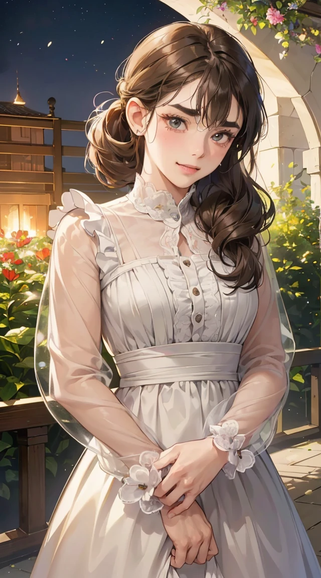 Curly hair,  (character on front), outdoors, dark hair, dark eyes, lady,
masterpiece, best quality, looking at viewer,