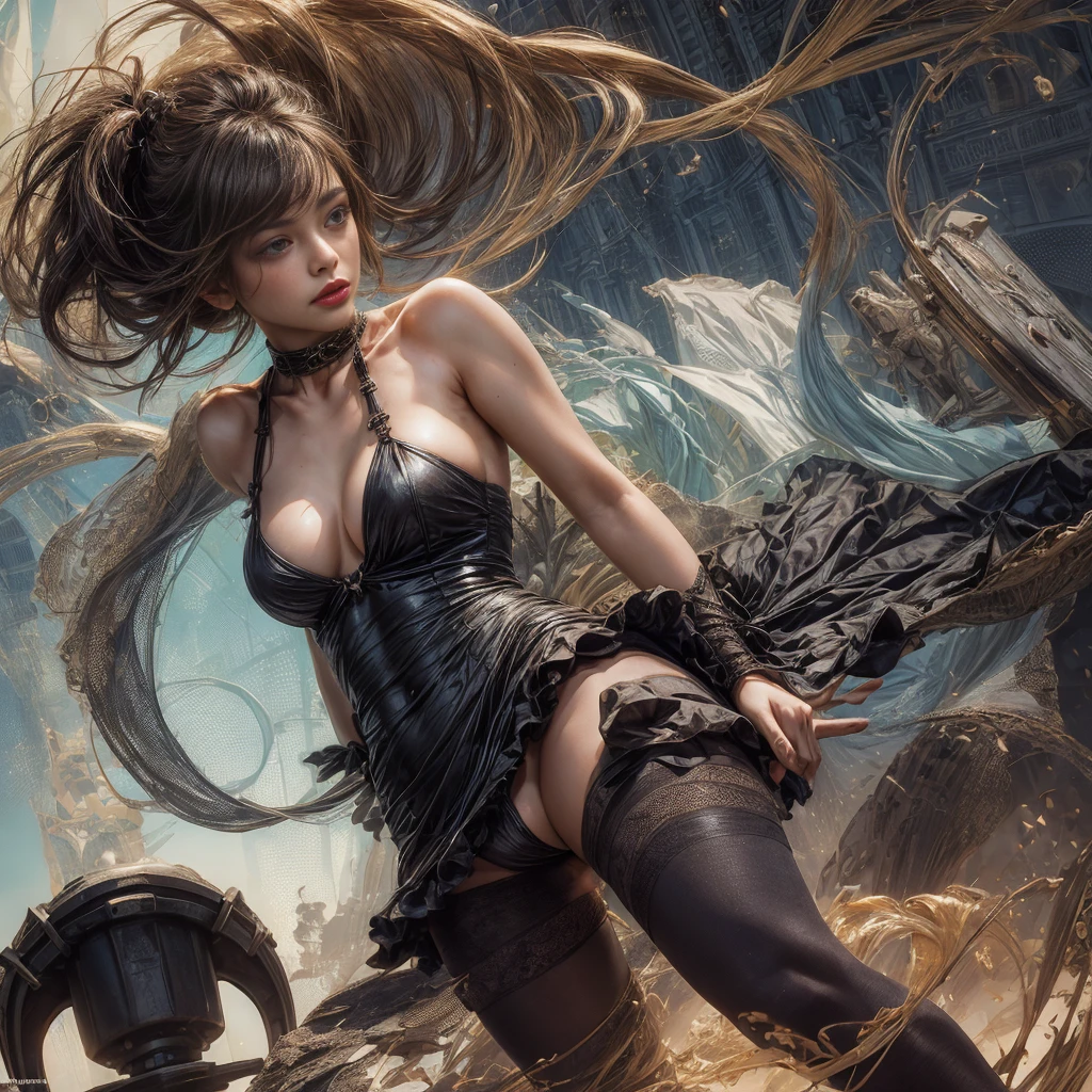 Young girl wearing a dress, daring and provocative, dress is featuring a cut that bares a significant portion of the body, leaving little to the imagination. Dress is suggestive and alluring, accentuating the wearer's curves with its revealing design, nsfw, exposed breast, exposed navel, exposed ass, exposed tights