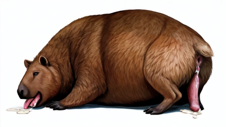 Feral, furry, panting, capybara, detailed legs, , 1 tongue, 1 big dick , 1 anus, 2 big testicles, detached 1 tail, , after orgasm, vivid colors, realistic , white background, cum in ass, cum on floor, cum on dick , realistic dick