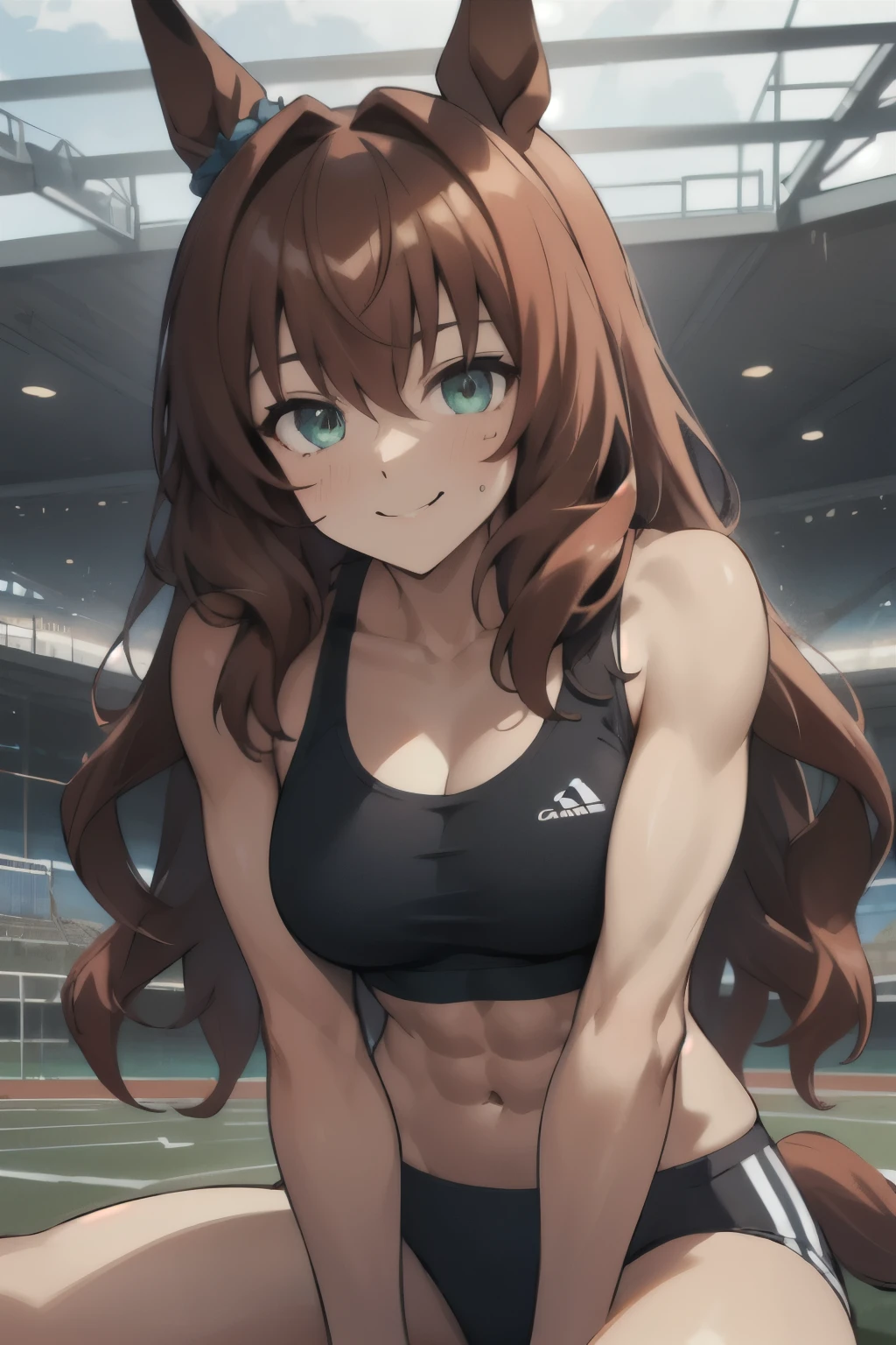 maruzensky\(umamusume\), masterpiece, best quality, ((ultra-detailed face)), symmetrical face, beautiful face, muscular, slender, abs, sports bra, horse tail, smile, athletics track, large tits, hand between legs