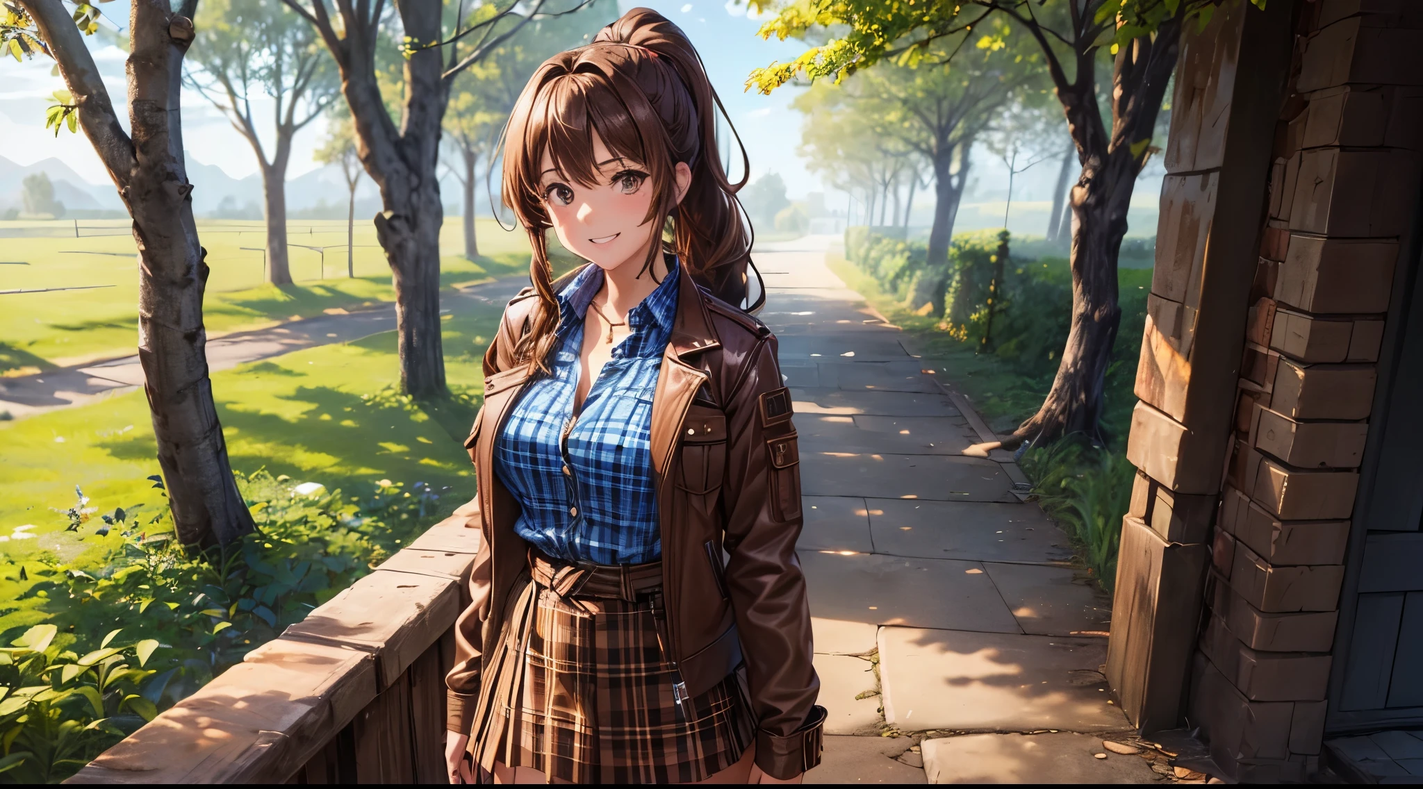 1girl, solo, summer, village, trees, sun, clouds, ((colorful hair)), curly hair, ponytail, large full breasts, ((brown leather jacket)), button down shirt, ((white shirt)), ((short sleeved shirt)), ((unbuttoned shirt)), unbuttoning buttons, cleavage 1:3, brown eyes, skirt, smile, looking at the viewer, standing, hair ribbon, golden necklate