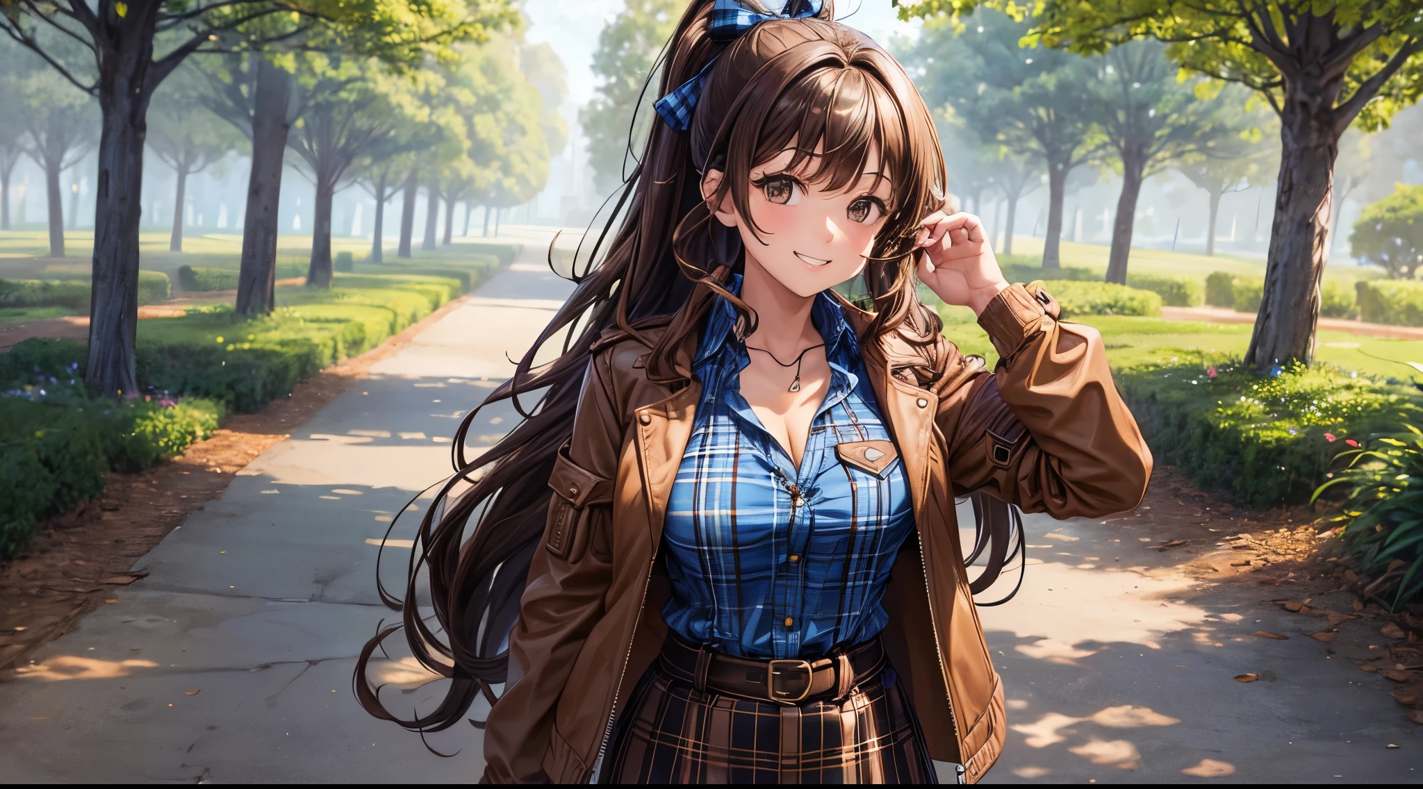 1girl, full body, solo, village, trees, flowers, brown hair, long hair, curly hair, ponytail, large breasts, button down shirt, ((worn out shirt)), ((blue checked shirt)), ((unbuttoned shirt)), cleavage 1:3, brown eyes, ((opened brown zipper jacket)), leather jacket, ((red black skirt)), smile, looking at the viewer, touching neck, standng, hair ribbon, golden necklate
