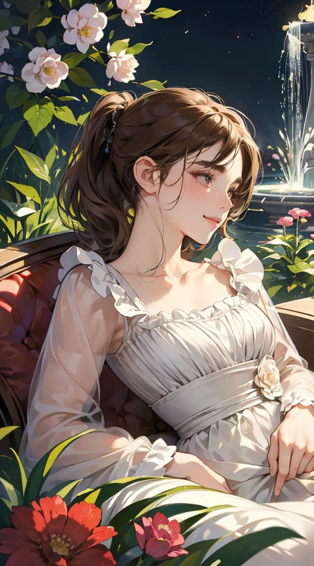 (masutepiece, Digital Art, Digital Illustration, 4K, 8K, Ultra-detailed, beautiful image, Sharp Image, Photorealistic, Raw photo, Perfect face, Perfect lines, Perfect eyes, Soft lighting) 1 woman, (lightbrown hair,Chignon Hair,Innocent look,drooping eyebrows,drooing eyes,with round face,Round jaws、Innocence,cute little,big eye,natural make up,kindly smile,E-cup,23 y-o woman:1.3),Two handsome men in suits, (ember,Men in suits,well-muscled,Firm shoulder width, Boyish hairstyle,Man in his 30s with a cool expression,28-year-old man with bright smile:1.2),A garden full of light、lots of flower、The fountain、colorful flower light,(embarrassed from,Shy smile:1.2),Resort Sofa,the kiss、kiss、a couple、couple kissing、Romance、