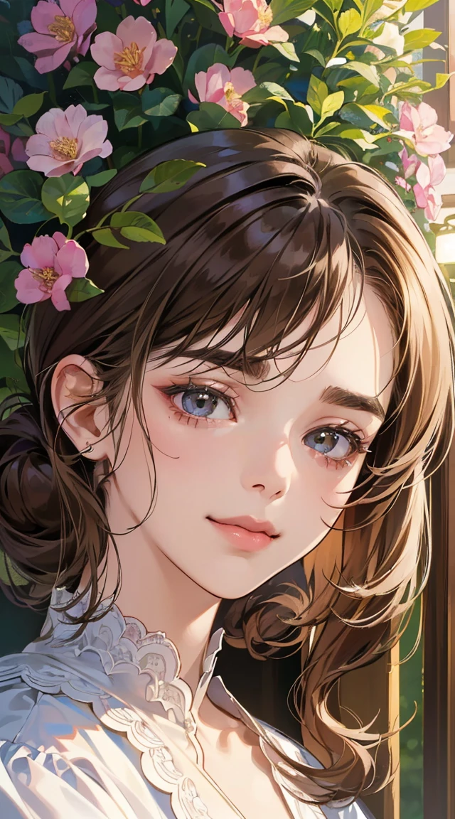(masutepiece, Digital Art, Digital Illustration, 4K, 8K, Ultra-detailed, beautiful image, Sharp Image, Photorealistic, Raw photo, Perfect face, Perfect lines, Perfect eyes, Soft lighting) 1 woman, (lightbrown hair,Chignon Hair,Innocent look,drooping eyebrows,drooing eyes,with round face,Round jaws、Innocence,cute little,big eye,natural make up,kindly smile,E-cup,23 y-o woman:1.3),Two handsome men in suits, (ember,Men in suits,well-muscled,Firm shoulder width, Boyish hairstyle,Man in his 30s with a cool expression,28-year-old man with bright smile:1.2),A garden full of light、lots of flower、The fountain、colorful flower light,(embarrassed from,Shy smile:1.2),Resort Sofa,the kiss、kiss、a couple、couple kissing、Romance、