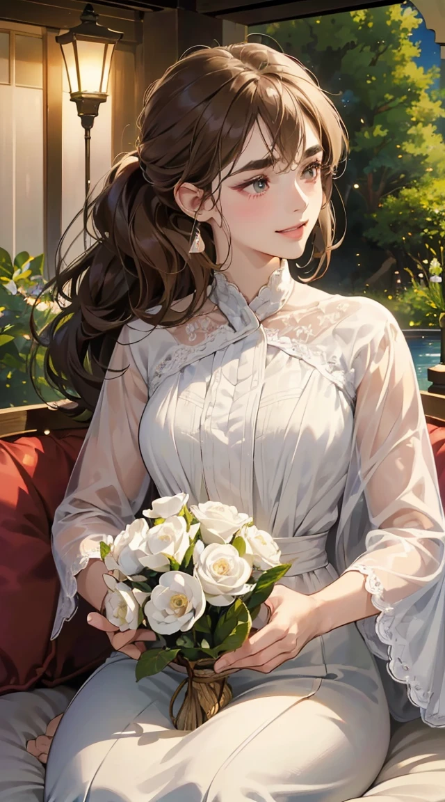(masutepiece, Digital Art, Digital Illustration, 4K, 8K, Ultra-detailed, beautiful image, Sharp Image, Photorealistic, Raw photo, Perfect face, Perfect lines, Perfect eyes, Soft lighting) 1 woman, (lightbrown hair,Chignon Hair,Innocent look,drooping eyebrows,drooing eyes,with round face,Round jaws、Innocence,cute little,big eye,natural make up,kindly smile,E-cup,23 y-o woman:1.3),Two handsome men in suits, (ember,Men in suits,well-muscled,Firm shoulder width, Boyish hairstyle,Man in his 30s with a cool expression,28-year-old man with bright smile:1.2),A garden full of light、lots of flower、The fountain、colorful flower light,(embarrassed from,Shy smile:1.2),Resort Sofa,the kiss、kiss、a couple、couple kissing、Romance、